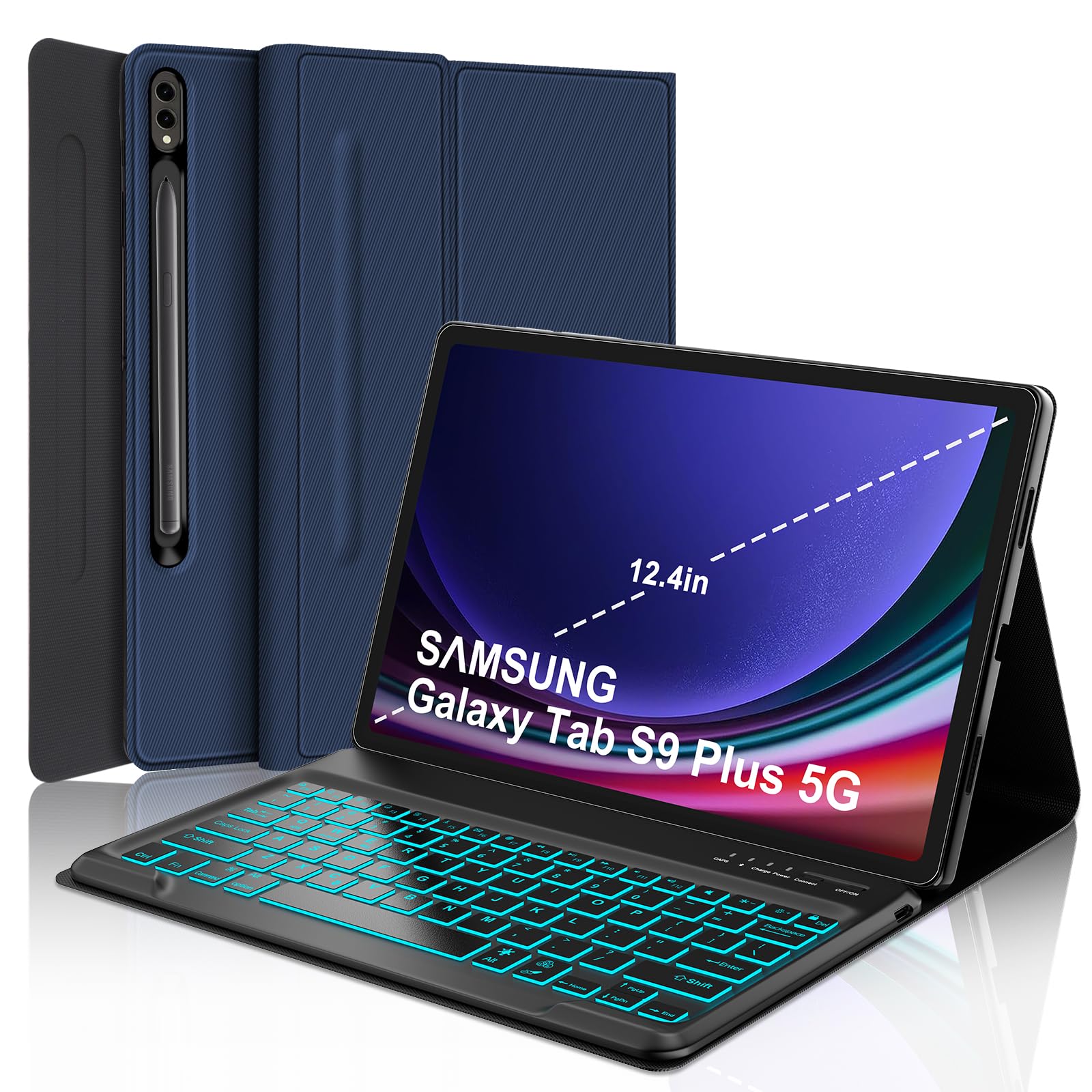 Keyboard Case for Samsung Galaxy Tab S10+, Galaxy S9+ Plus 12.4 inch Case with Keyboard - 7 Colors Backlit, Magnetic Detachable, Auto Sleep/Wake Up Smart Case for S9 Plus Keyboard Case(Navy)