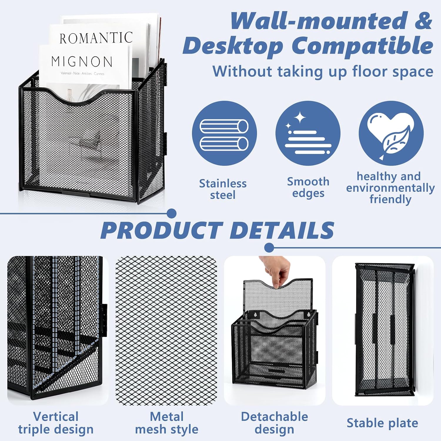 Vertical Triple File Folder Holder 9.8 In Magazine Holder Wall Mount & Desktop 3 Tier Vertical Desk Organizer Pocket File Holder Sorter Magazine Storage Rack For Office Home Organization Wall Door image 3