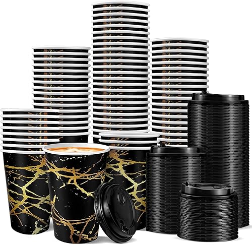Hommtina Tazas de café desechables con tapa con diseño de mármol dorado, juego de 74, taza de café de papel caliente de 16 onzas con tapas, para