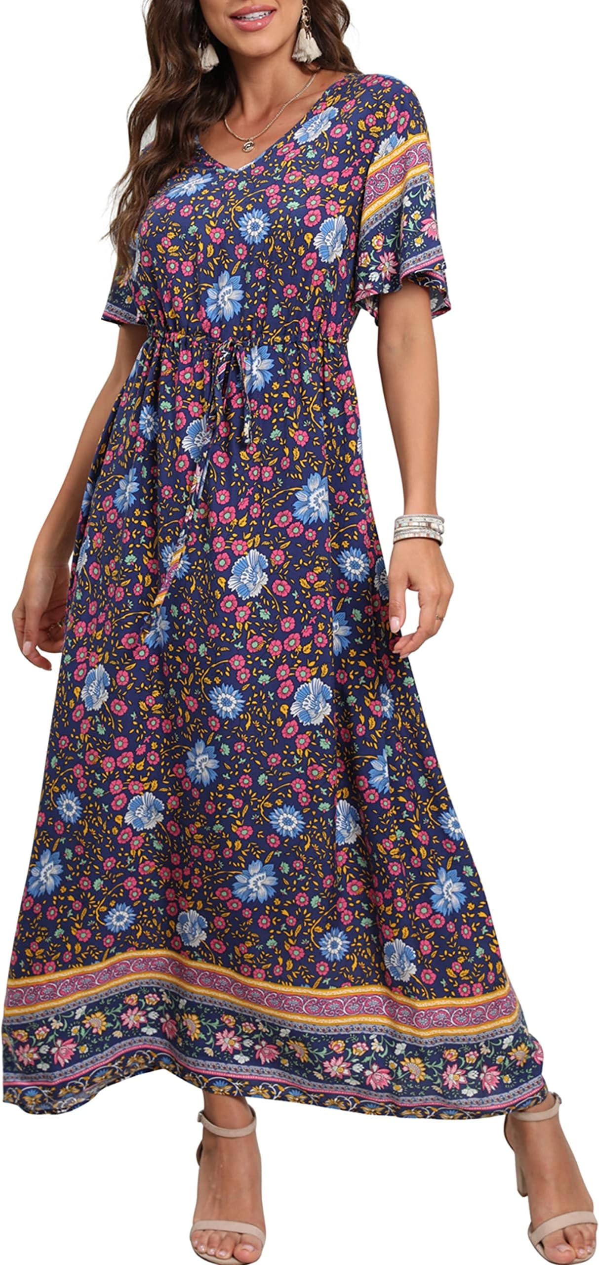GRECERELLE Womens Summer Maxi Boho Beach Dress Floral Print Dress V Neck Short Sleeve Drawstring High Waist Flowy Long Midi Dresses
