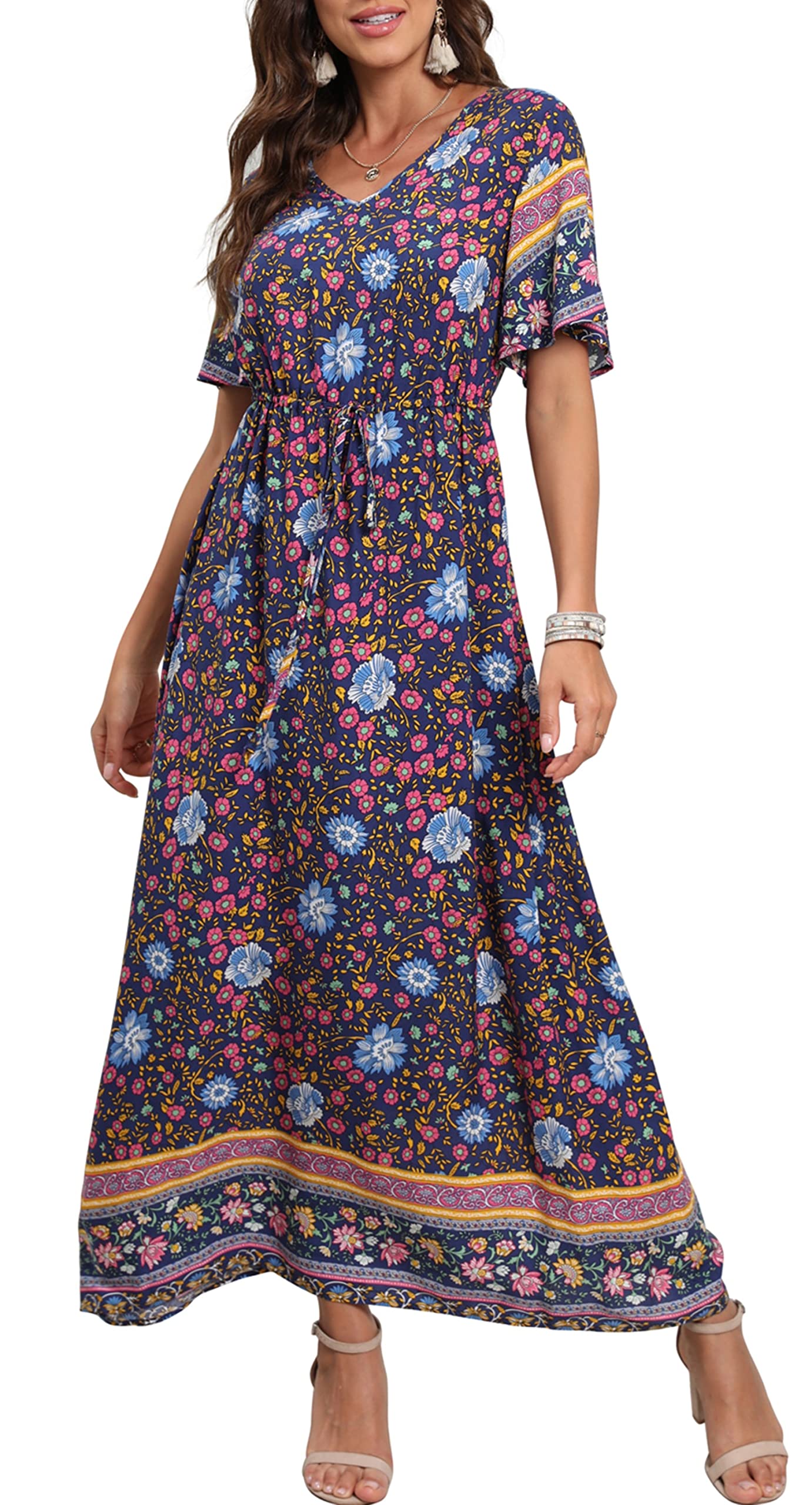 GRECERELLE Womens Summer Maxi Boho Beach Dress Floral Print Dress V Neck Short Sleeve Drawstring High Waist Flowy Long Midi Dresses