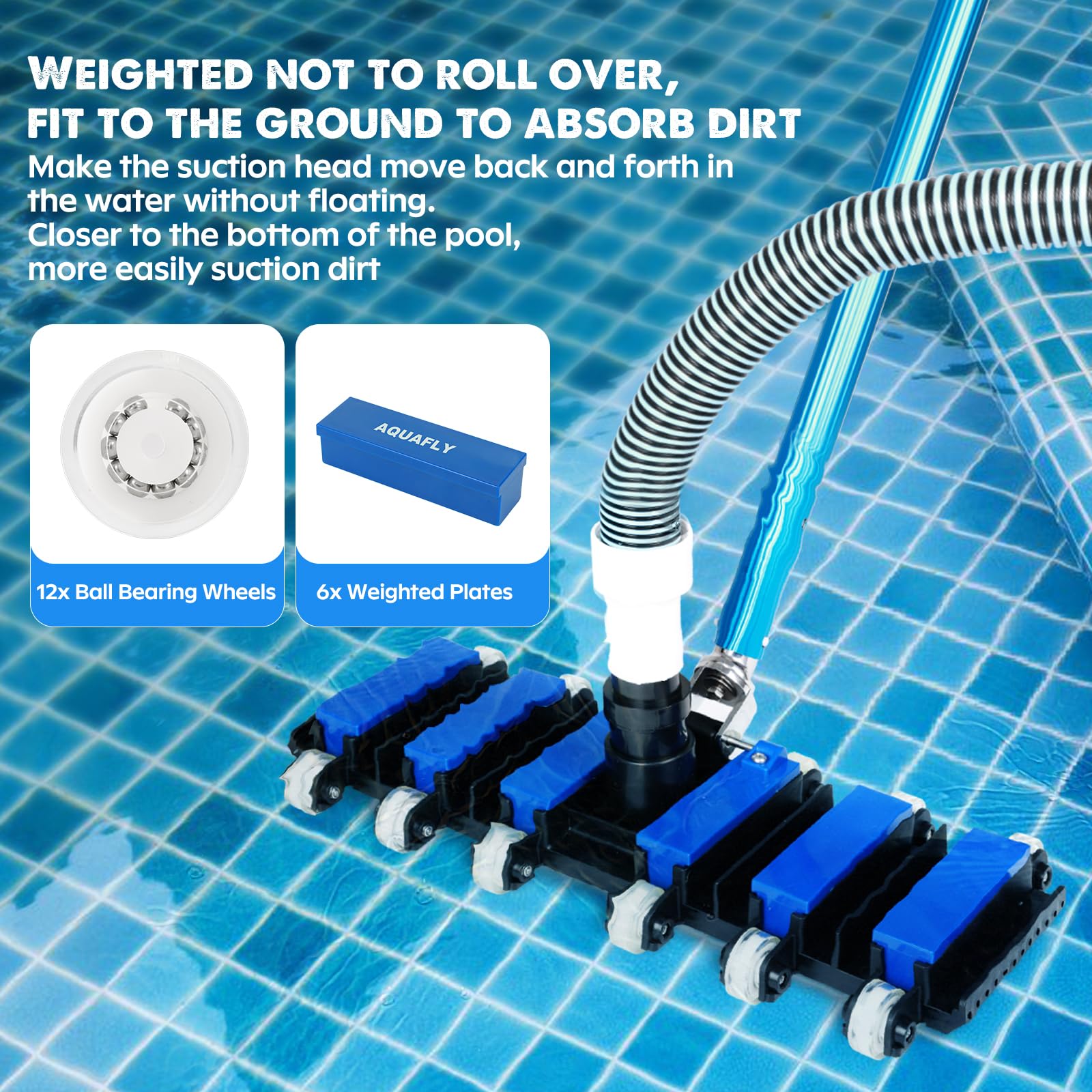 Cabezal de aspiradora para piscina, aspiradora manual para piscinas enterradas y sobre el suelo, cabezal giratorio flexible con cepillo inferior integrado para absorberlo, cepillo de 19 pulgadas