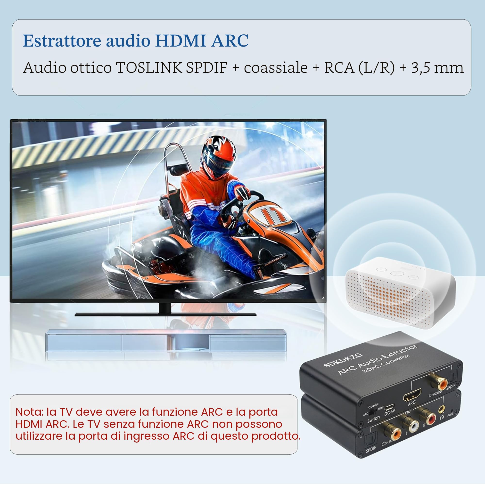Transduttore DAC HDMI ARC, estrattore audio HDMI/SPDIF ottico Toslink a RCA 3,5 mm Jack L/R, adapter audio per amplificatore HDTV