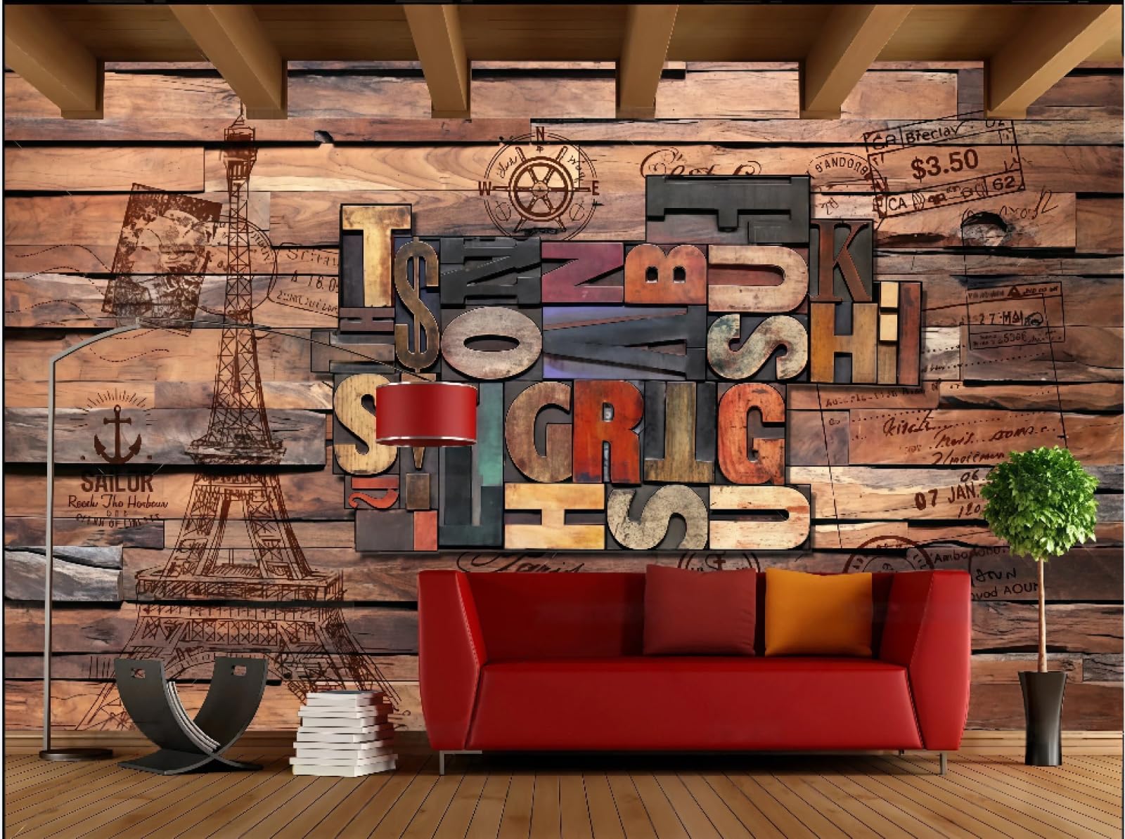rskjdghshd Wallpaper Fashion Wooden Board Three-Dimensional English Letters Bar Dining Background Wall Western Restaurant Wallpaper Drink Cafe Mural,3D,350x245cm