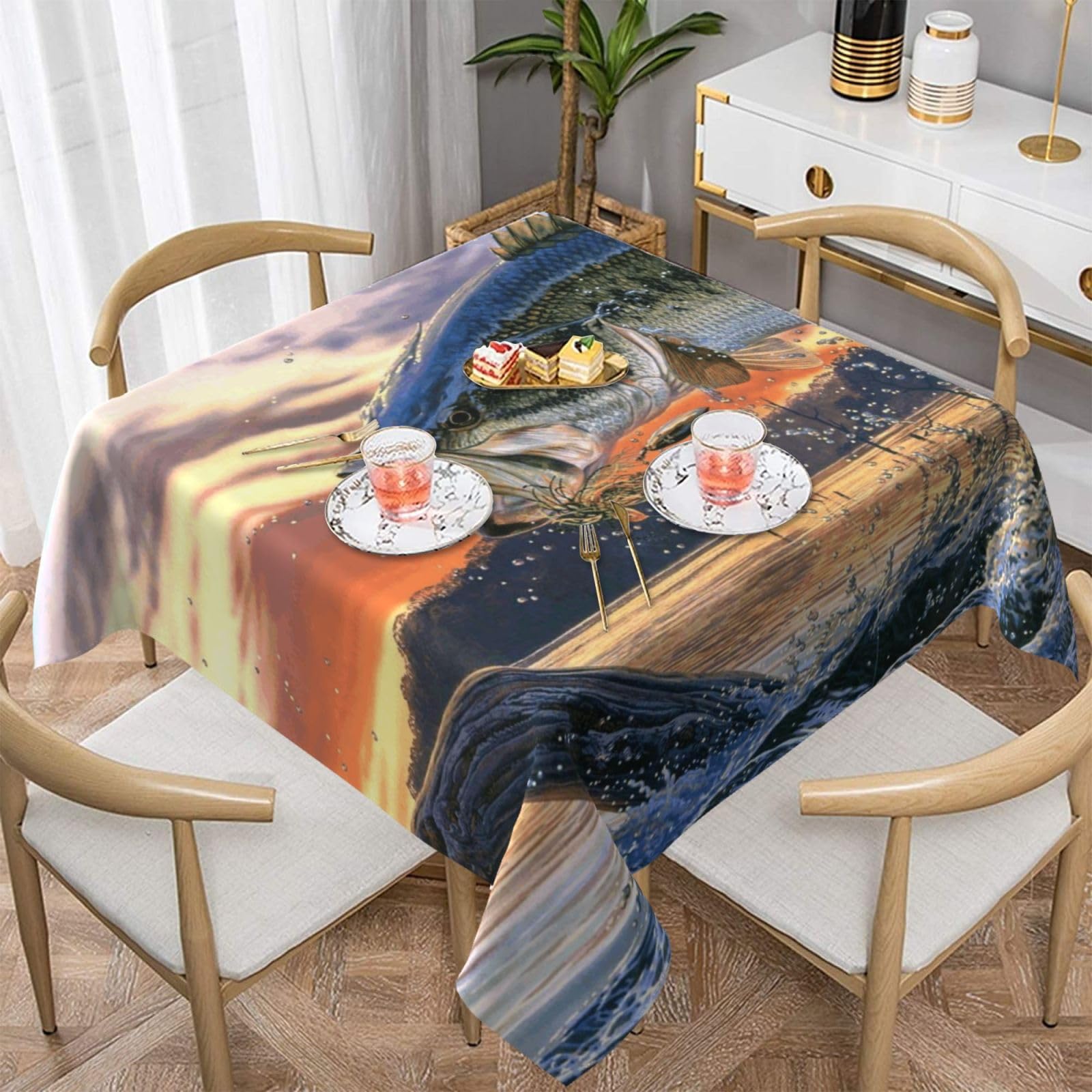 DCEHGEW Bass Fishing Wave Prints Square Tablecloth 152x152 CM, Waterproof Fabric Table Cloth for Dining Table, Farmhouse Table Cover for Kitchen Dining Tabletop Decoration