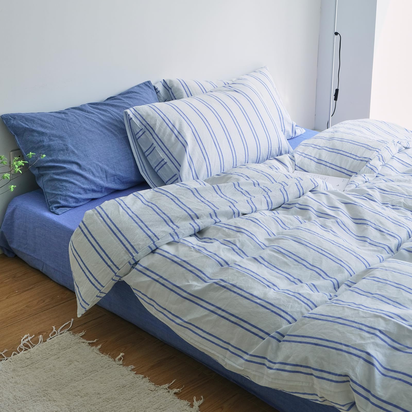 LifeTB Striped Duvet Cover Set Queen, 3 Pieces Blue Stripes Pattern Printed Comforter Cover, 100% Washed Cotton Retro Striped Bedding Set, Comfy Soft Cotton Breathable Duvet Cover Queen Size — image 1
