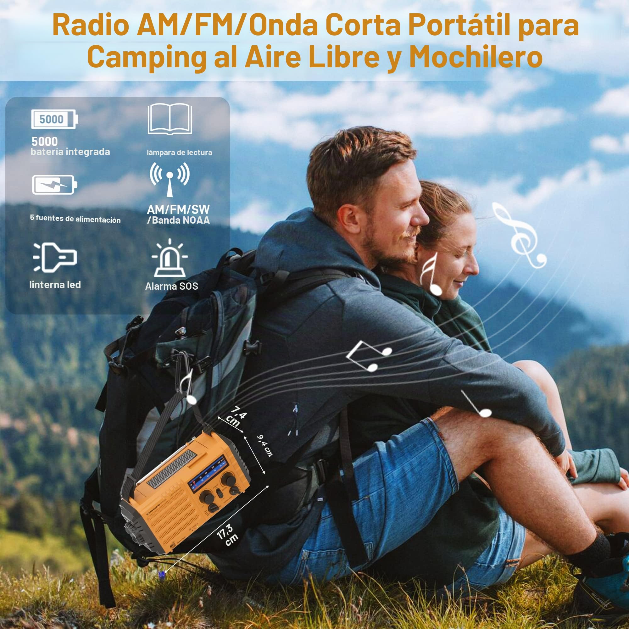 Radio de emergencia NOAA solar portátil, AM/FM, batería recargable, cargador USB, linterna, lámpara de lectura, alarma SOS
