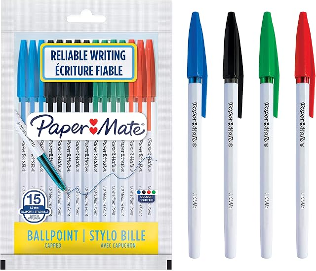 Paper Mate 045 Ballpoint Pens | Medium Point (1.0 mm) | Assorted Ink | 15 Count