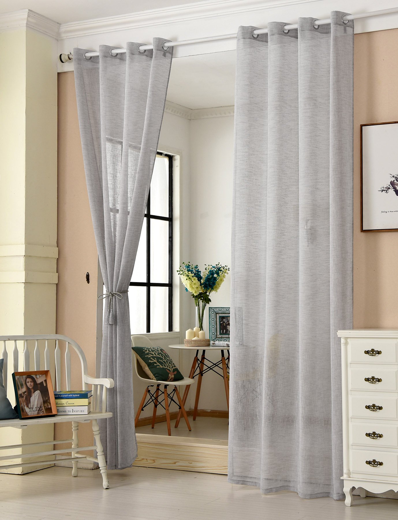 Laneetal Transparente Gardine mit Ösen, Ösenschal in Leinen-Optik, Dekoschal, Fensterschal für Schlafzimmer Kinderzimmer Küche, Vorhang Fenstervorhang Ösenvorhang, Hellgrau, 140x225 cm, 2 Stück