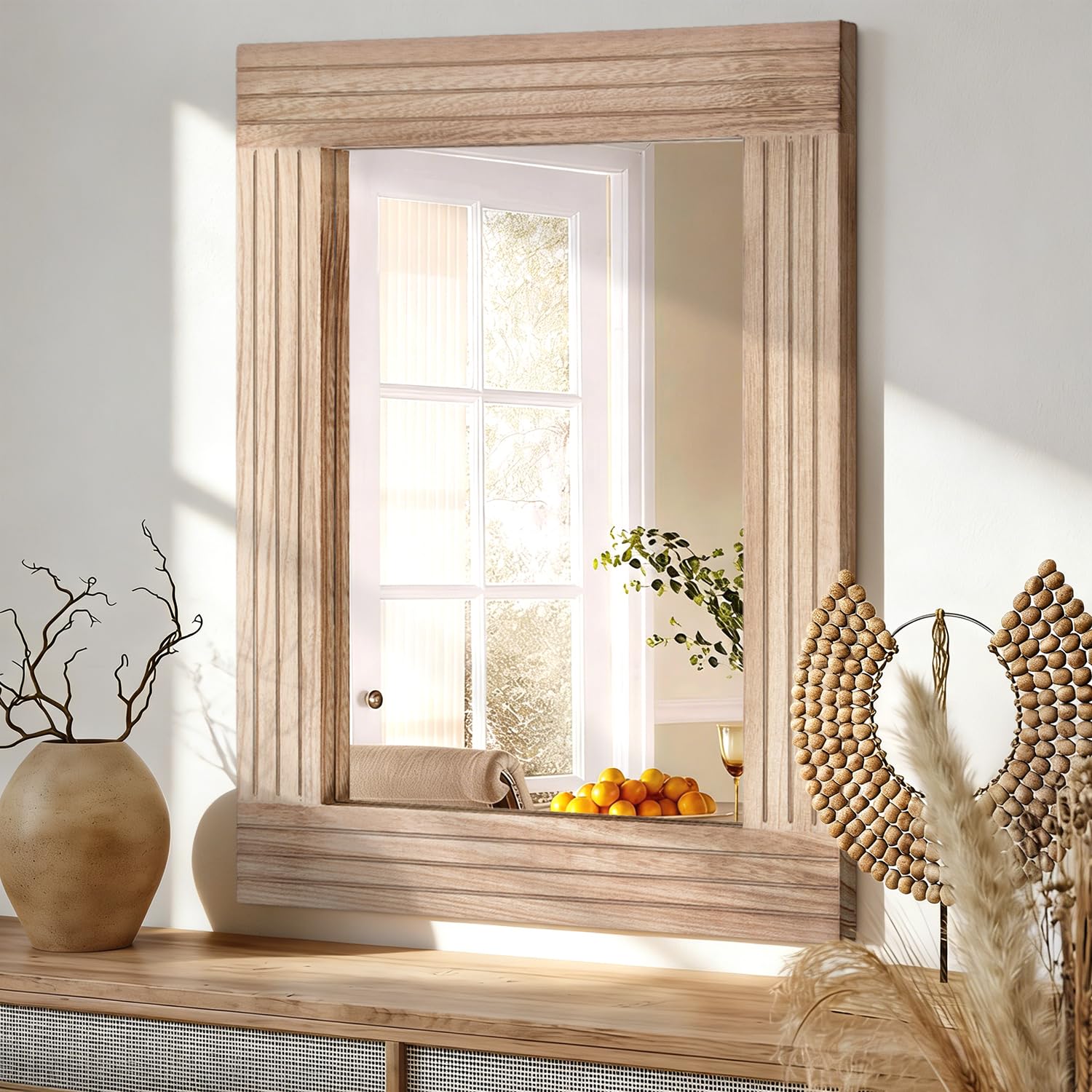 Rectangle Mirror Retro Wooden Wall-Mounted mirrors Farmhouse Bedroom Bathroom Vanity Entrance Decorative Antique Hanging Mirror Large 45x65cm