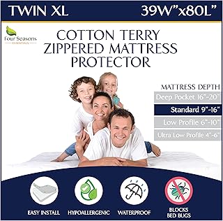 Twin Extra Long (XL) Mattress Protector - Zippered Waterproof Mattress Cover - Hypoallergenic Dust Allergen Proof Encasement - Deep Pocket Cotton Terry Top