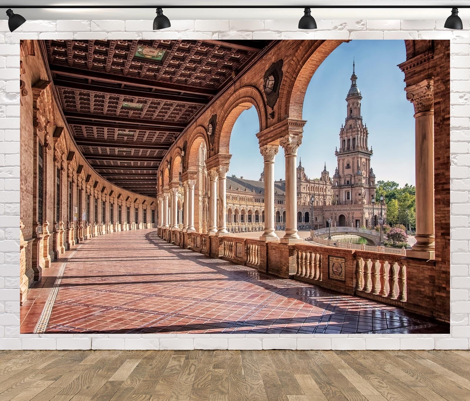 Loccor 6x4ft Fabric Spain Square Backdrop Sevilla Plaza de Espana Background for Spain Travel Spanish Theme Party Decorations Kids Adult Portrait