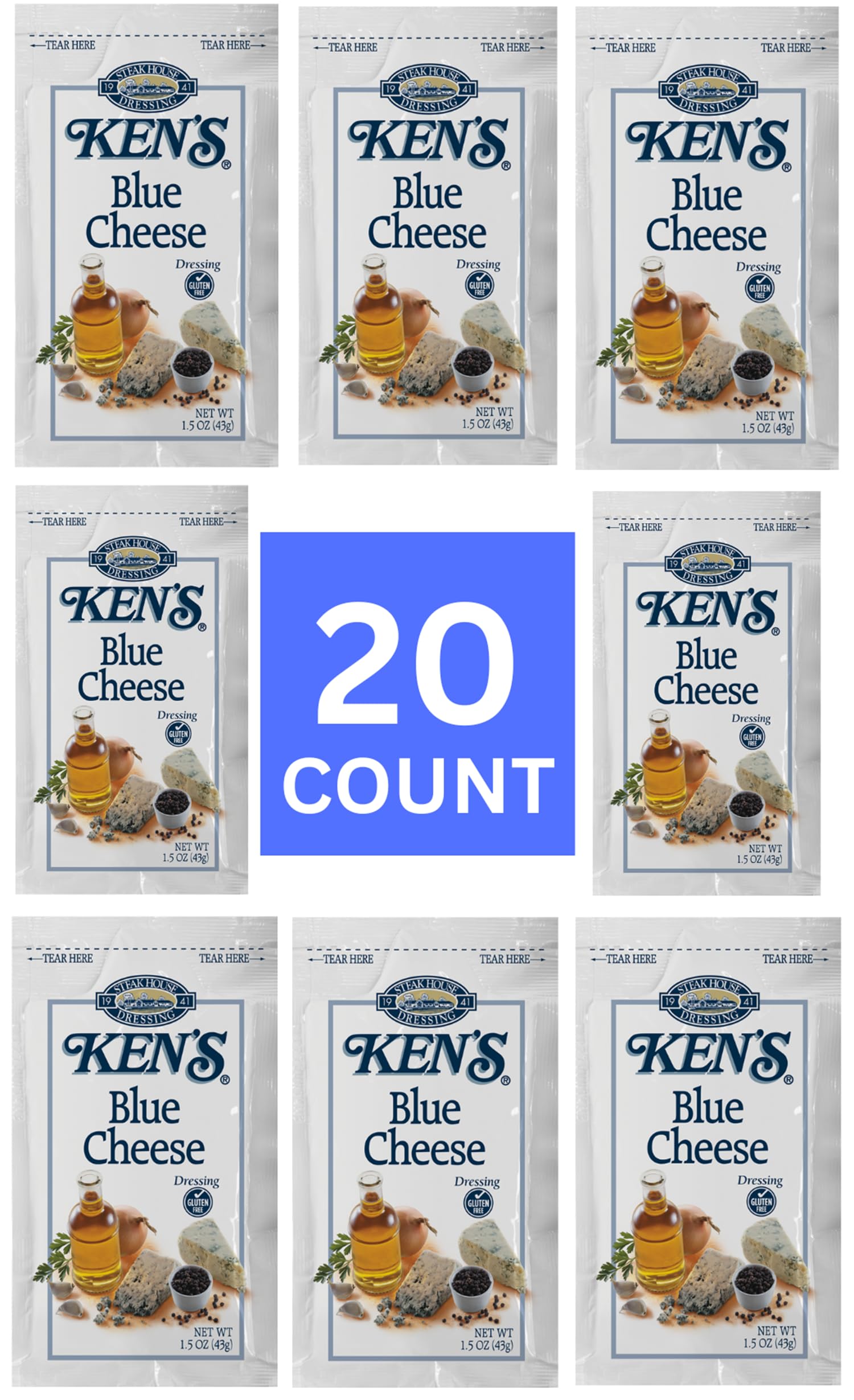20 Count | Salad Dressing Packets | Individual Single Serve Salad Dressing condiment Packets | 1.5 oz Per Pouch (Blue Cheese)