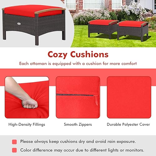 Miniatura 6 de Tangkula Otomanas de ratán de 2 piezas, reposapiés de mimbre para exteriores con asas de madera de acacia, cojines suaves con cremallera, reposapiés