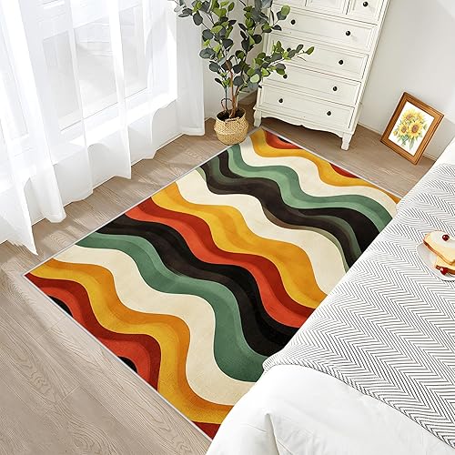 Miniatura 4 de Alfombra de los años 70 de 8 x 10 a 3 x 4, alfombra retro ondulada para puerta de entrada, alfombra vintage con remolino, alfombra abstracta de los