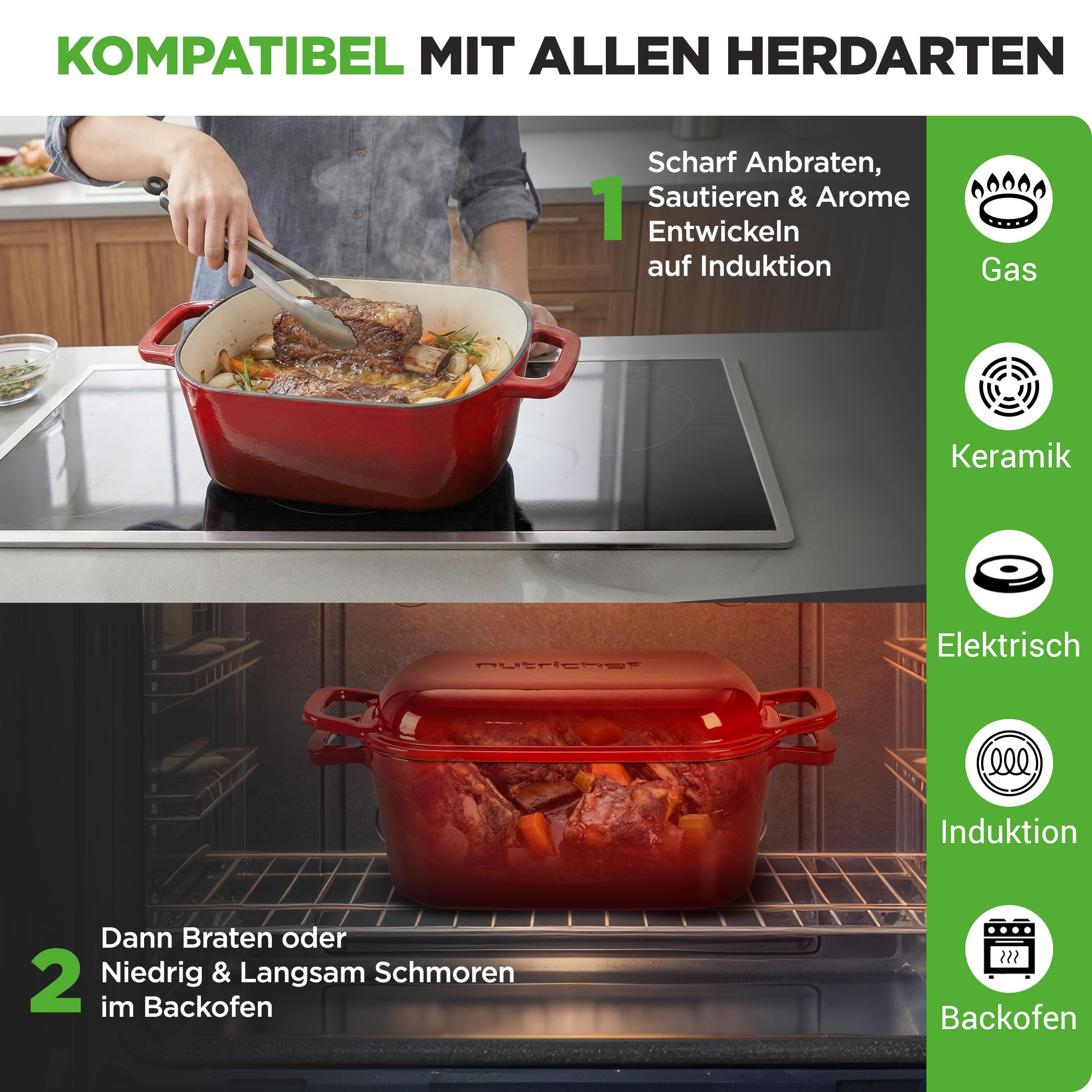 NutriChef Gusseisen Topf - Brotbacktopf - mit Deckel - 25,4 cm ovaler Brottopf mit Silikonhandschuhen - zum Backen Braten Schmoren und mehr - Spülmaschinenfest, Rot
