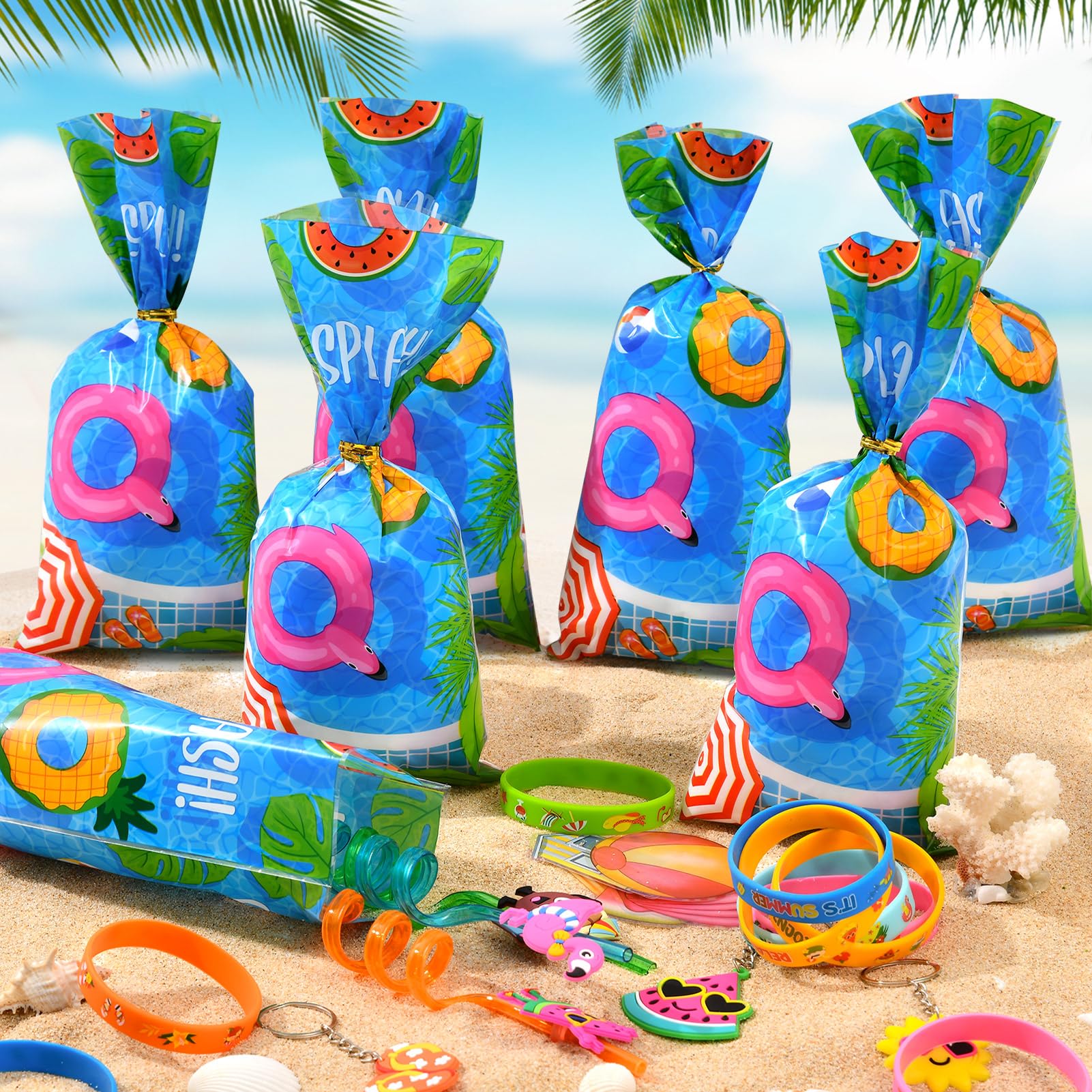 Été Piscine Fête Goodies Anniversaire Enfant Paille Plastique Porte Clef Stickers Sachet Bonbon Bracelet Caoutchouc Jeux De Piscine Fête Hawaïenne Sac Cadeau Anniversaire