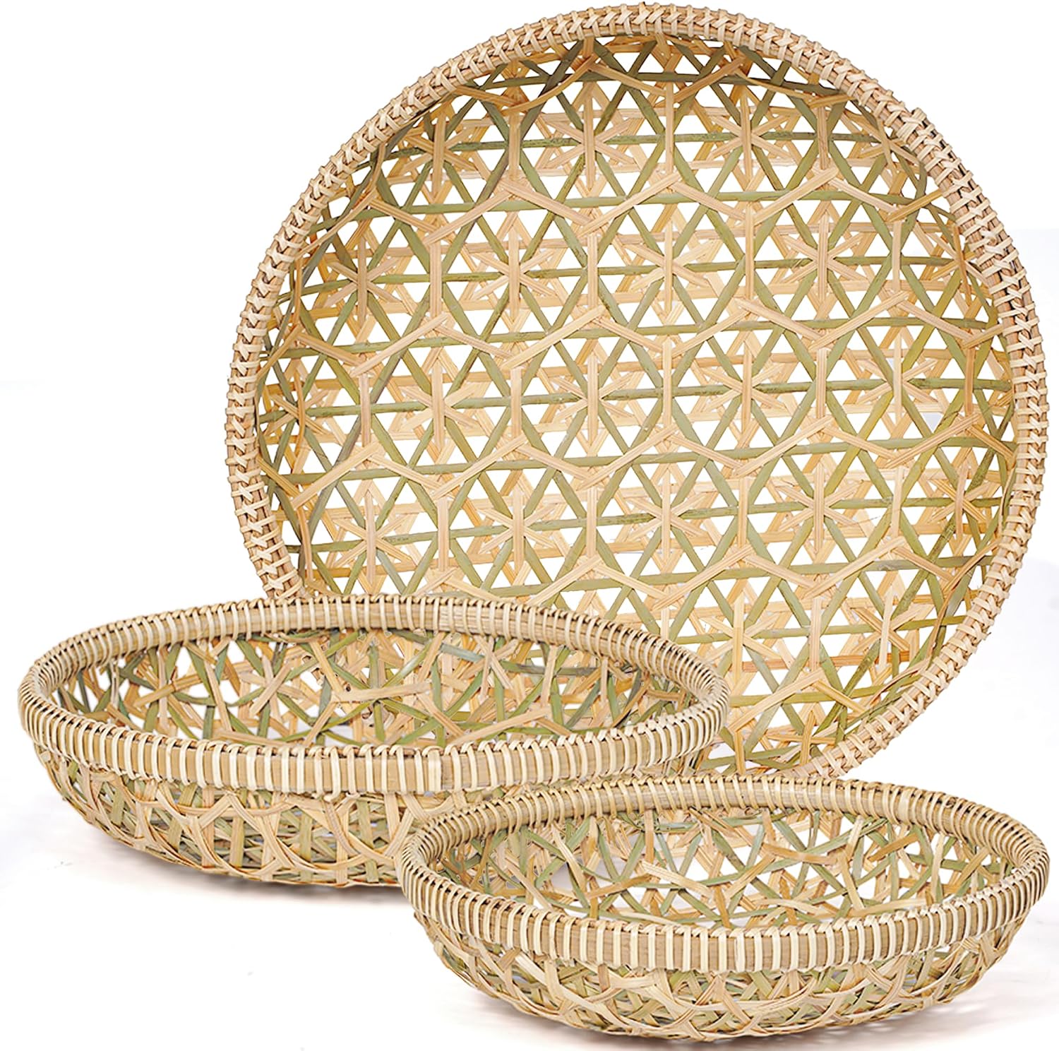 Handwoven Bamboo Basket Set of 3, Round Nesting Bread & Fruit Baskets, Natural Spiral Weave, Decorative Serving Baskets for Table & Home Decor (Lattice Natural Olive)