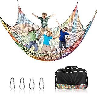 Fepinc Climbing Cargo Net with Hooks and Bag, 6.6FT*9.9FT Heavy Duty Double Layers Playground Net Climbing Net Rope Ladder for Indoor Outdoor Climbing, Jungle Gyms, Treehouse, Rainbow Color
