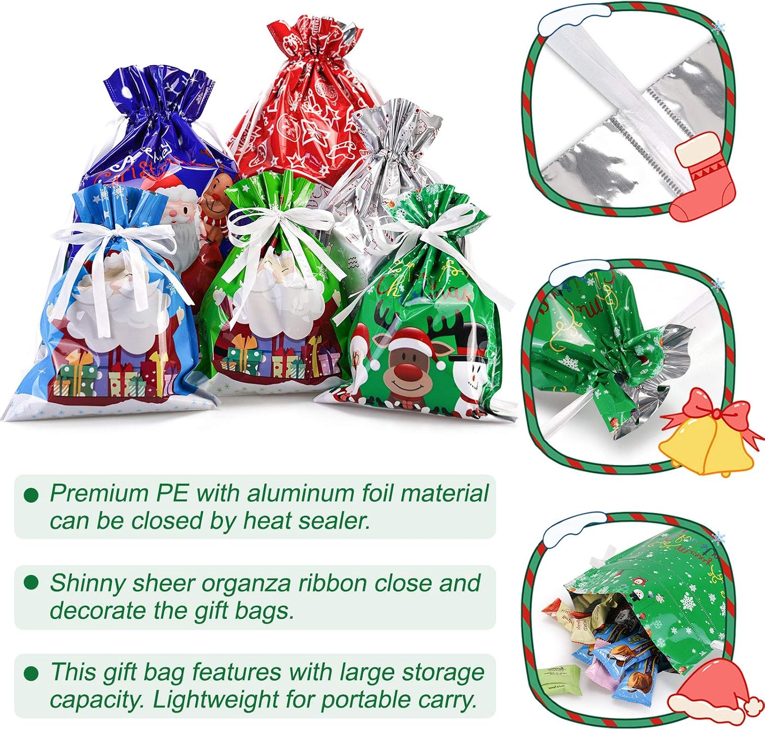 Christmas Drawstring Gift Bags, 20Pcs Assorted Sizes Christmas Wrapping Foil Goody Bags in 4 Sizes and 7 Designs,Christmas Santa Gift Bag for Birthday Xmas Party and Holiday Decorations