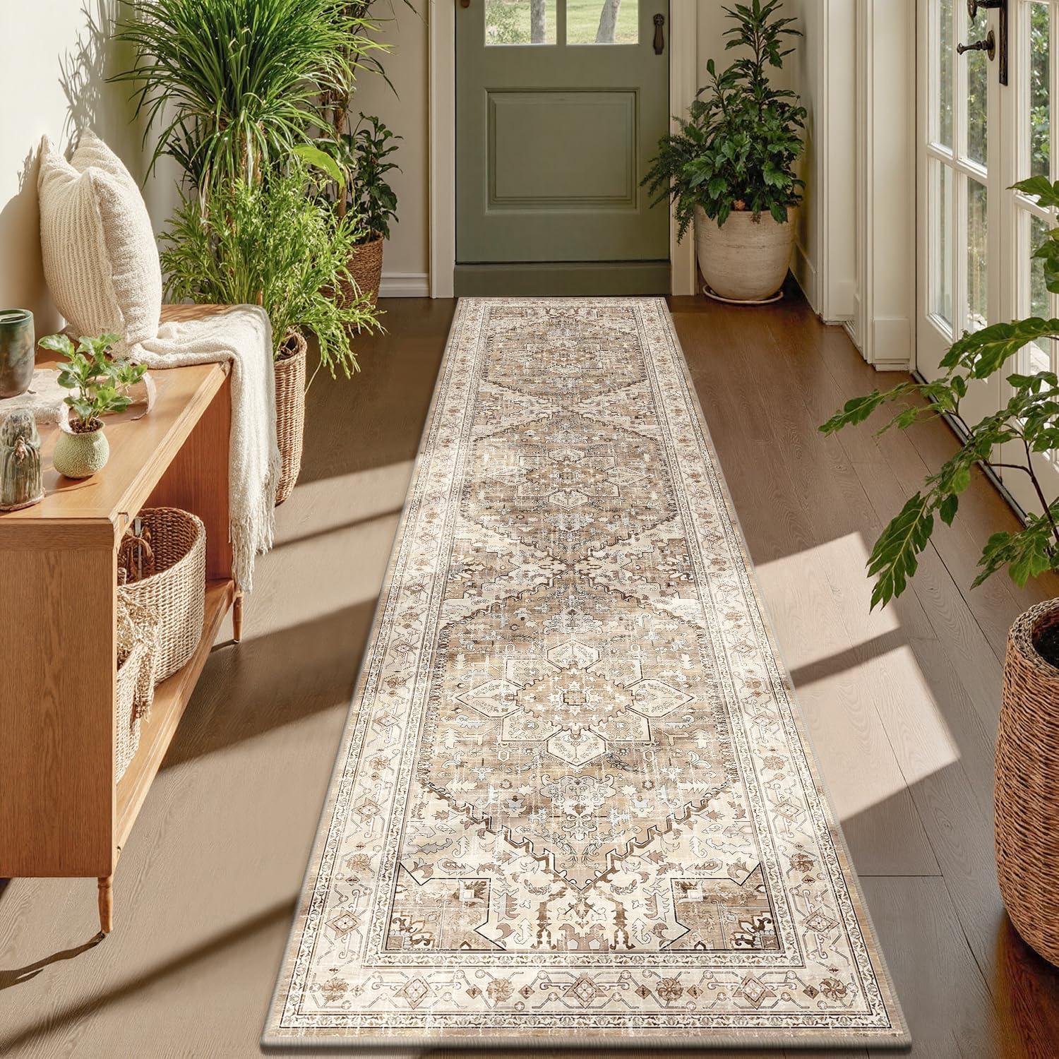 Yamaziot Washable Runner Rug, 2x8 Non-Slip Boho Vintage Hallway Kitchen Rug | Stain Resistant,Low Pile, Soft Distressed Floor Carpet with Rubber Backing for Bedroom, Kitchen, Laundry, Entrance
