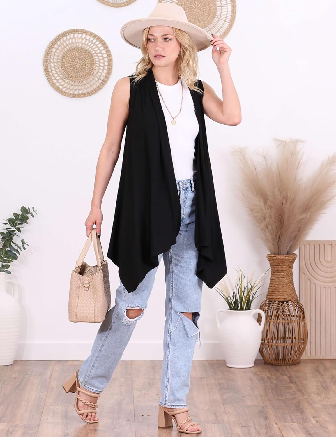 Popana Long Sleeveless Cardigan for Women – Draped Open Front, Asymmetric Hem Long Sweater Vest - Image 4