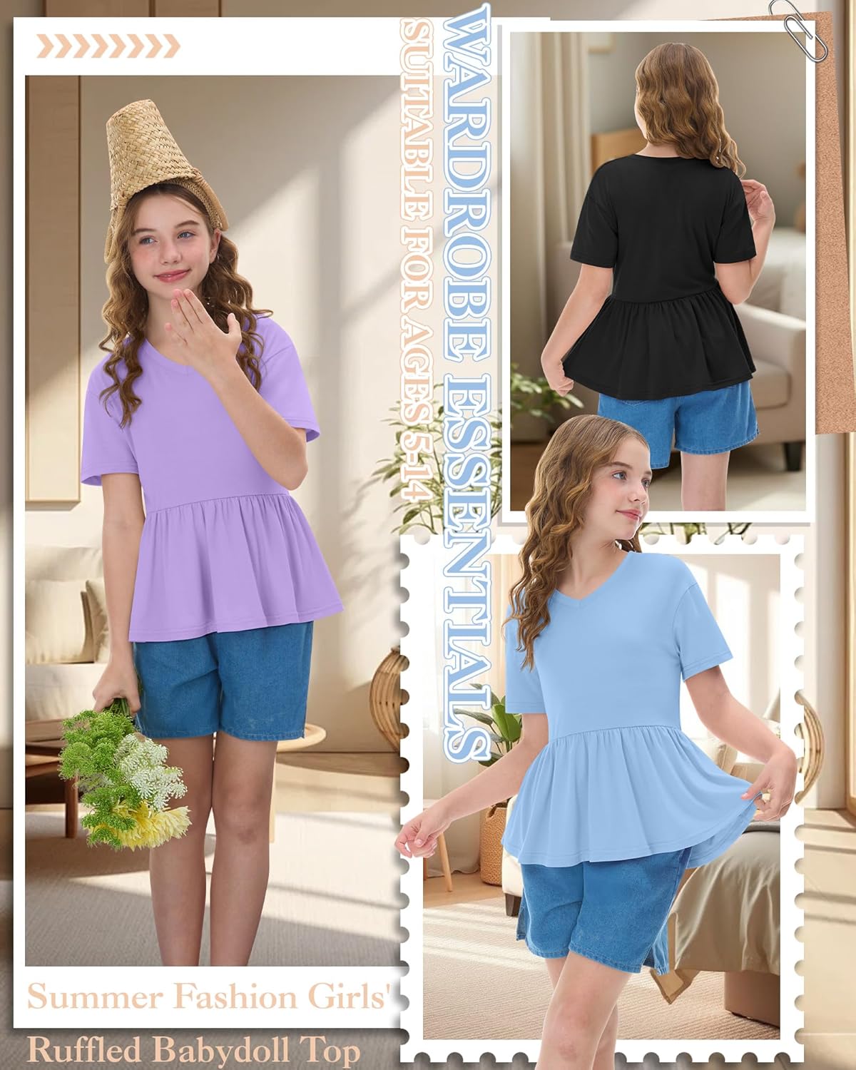 3 Pack Girl's Short Sleeve Shirts V Neck Peplum Babydoll Tunic Tees Casual Blouses with Ruffle Hem 5-14 Years
