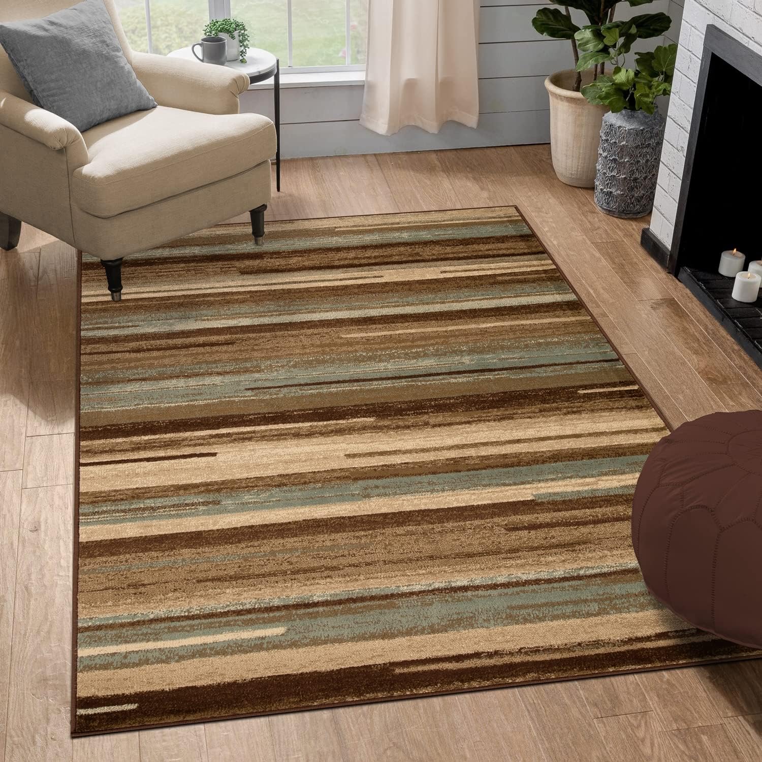 BNM Indoor Area Rug with Jute Backing, Great for Entryway, Living Room, Kitchen, Dorm, Bedroom, Hallway, Perfect for Hardwood Floors, Modern Stripe Abstract, 4' x 6', Maroon