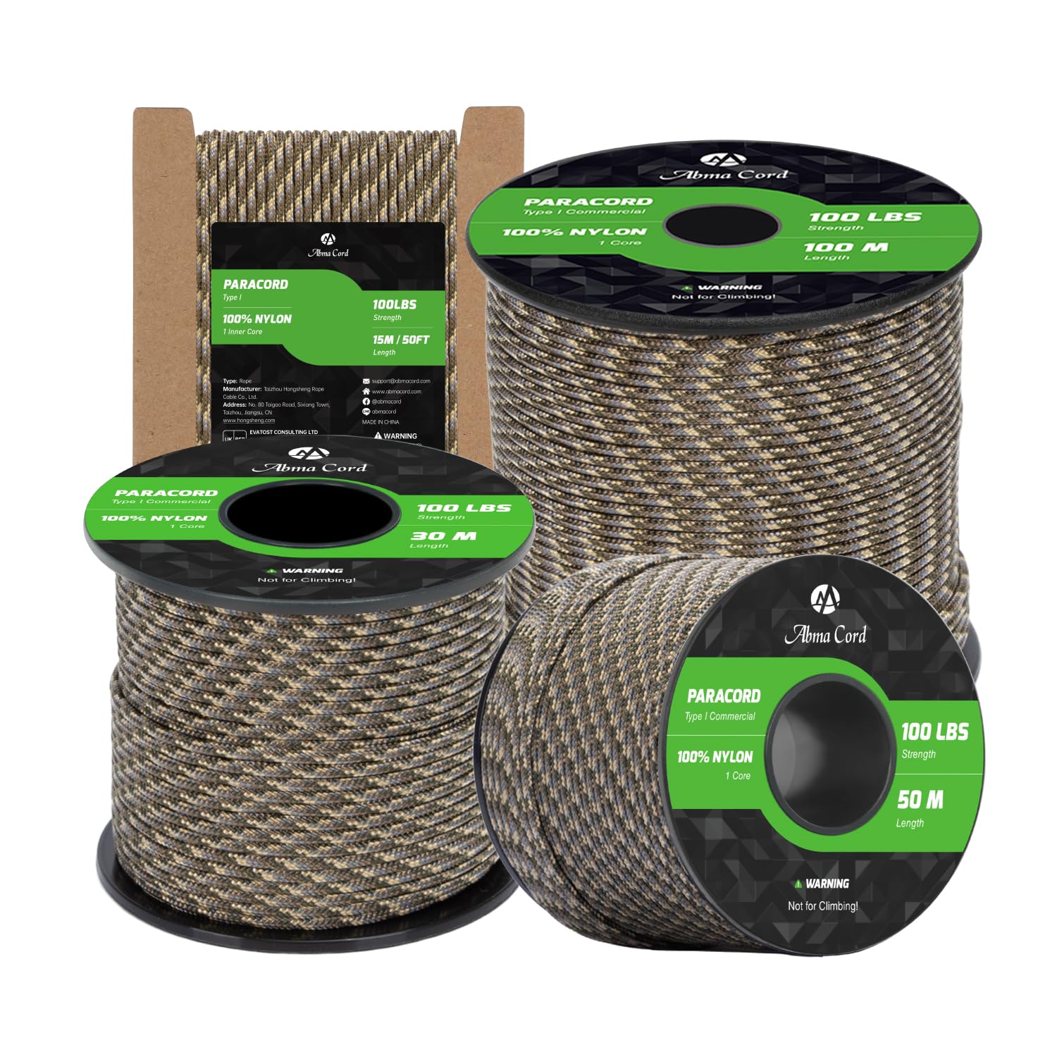 Abma Cord Paracord 2mm 15m 100% Nylon Rope 1 Strand Type I Parachute Cord - Max. 45kg (100lbs) - Woodland Camo
