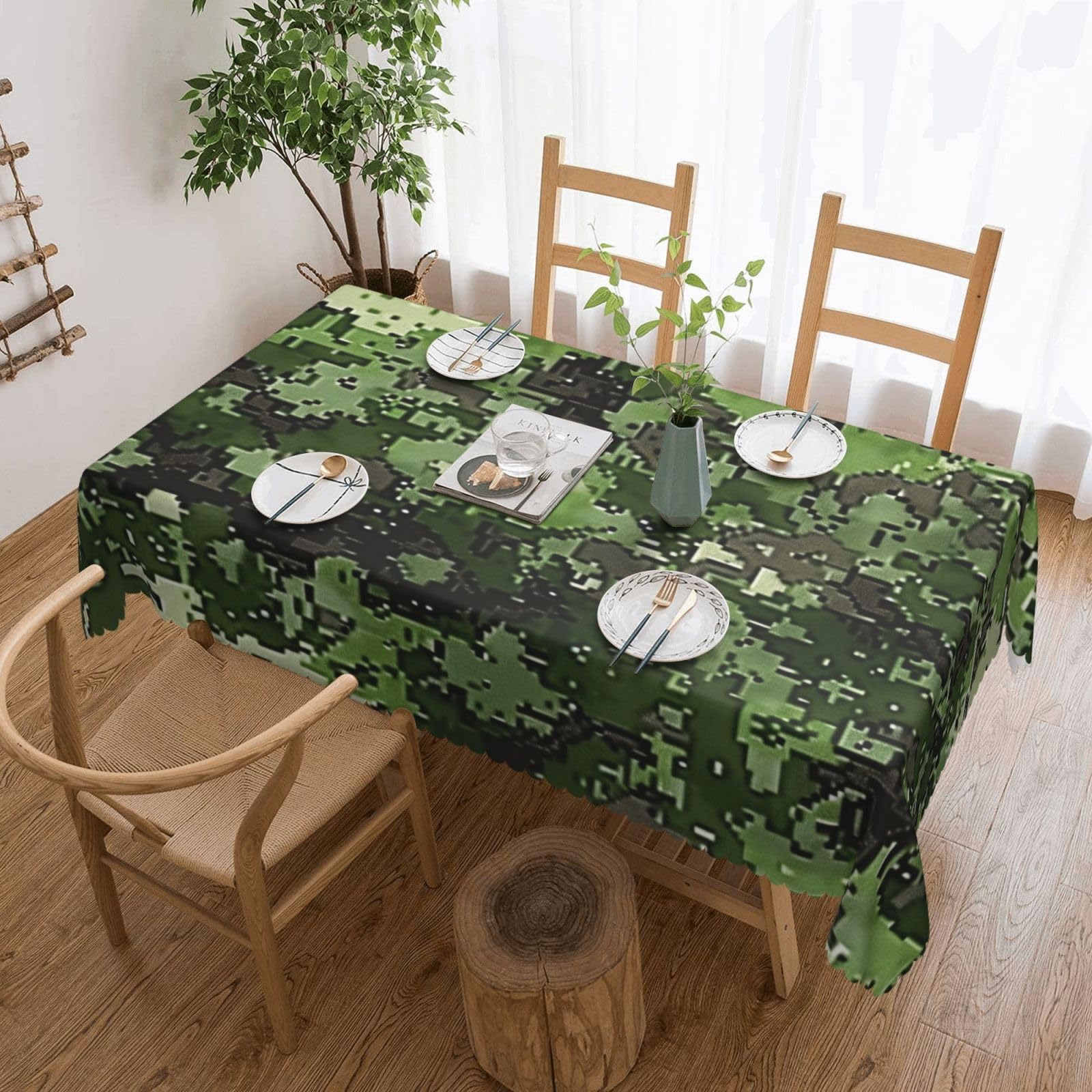 WPKJU Green Army Digital Camouflage Print Printed Rectangle Tablecloth 72x54 Inch with Lace Trim, Water-Resistant Washable Table Cover for Farmhouse Weddings, Outdoor Picnics & Holiday Dining