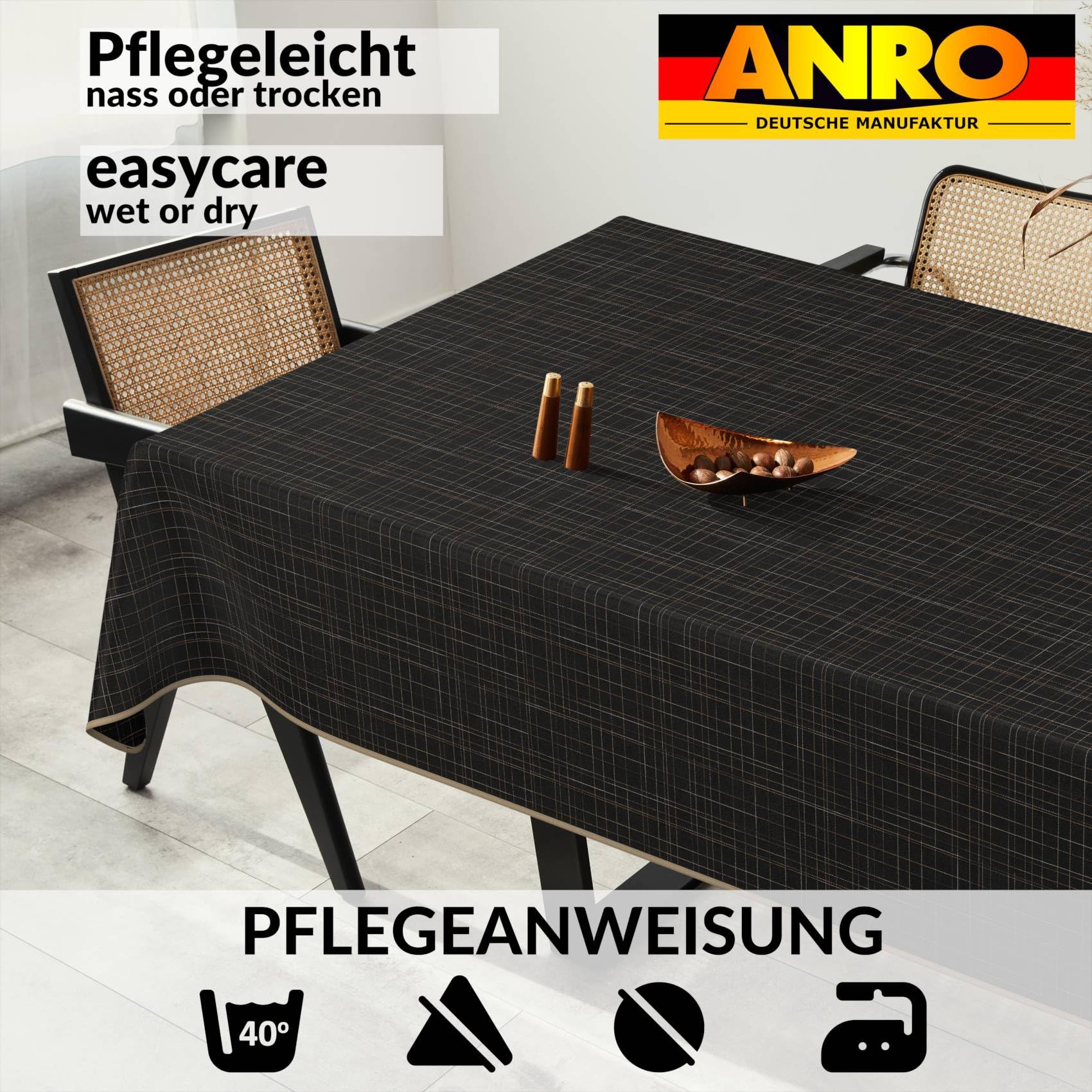ANRO Mantel de Tela, Mantel Lavable con Revestimiento de teflón, Mantel con Efecto de Loto de fácil Cuidado, Repelente a la Suciedad y al Agua, Roma a Rayas 400x140cm con Dobladillo (con Bordes) negr