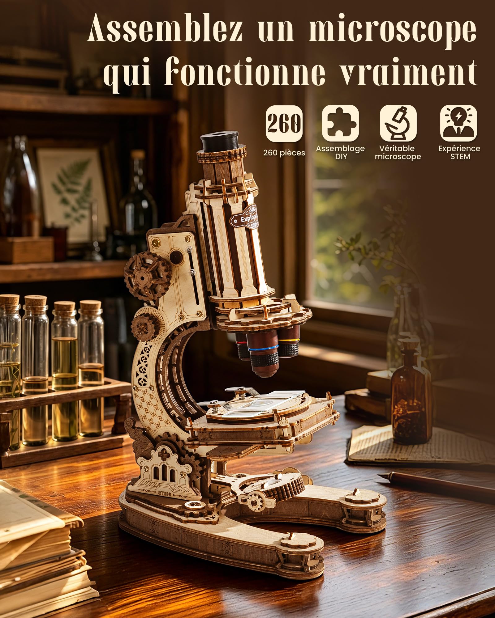 ROBOTIME ST005 Microscope Fonctionnel à Construire pour Adultes, Puzzle 3D en Bois 260 Pièces avec Grossissements 40x/100x/400x, Mise au Point et Éclairage LED, Dès 14 Ans