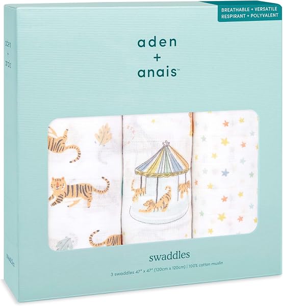 aden + anais エイデンアンドアネイ おくるみ 2022年干支 寅 3枚セット 120×120cm モスリンコットン スワドル 新生児 出産祝い ASWC30007J - 1