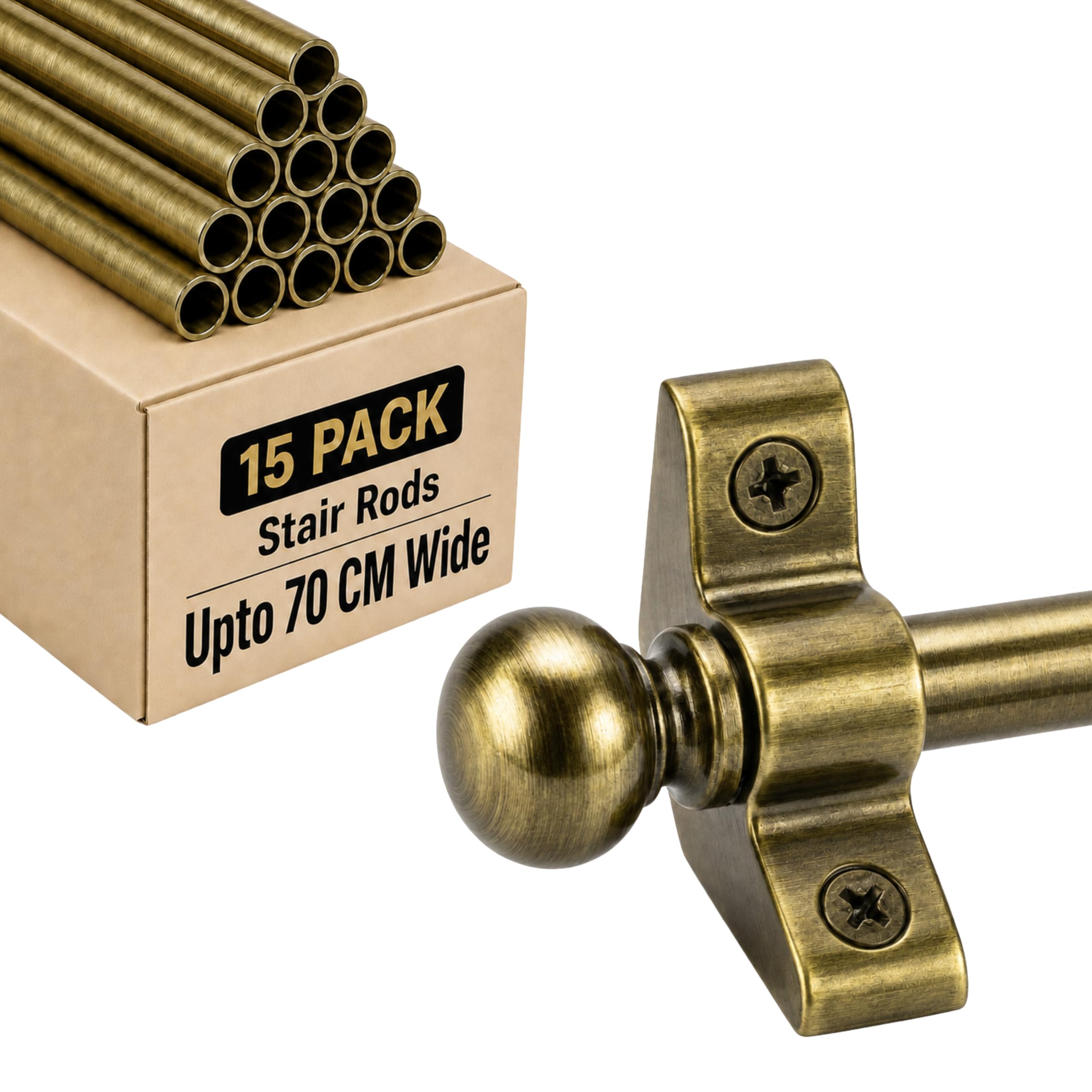 FROSHKAR Stair Rods for Runners Pack 15, Antique Brass Finish - for Runners Up to 70 cm Wide, Cut to Size, Decorative Carpet Stair Rods, Round Finials with Fixings