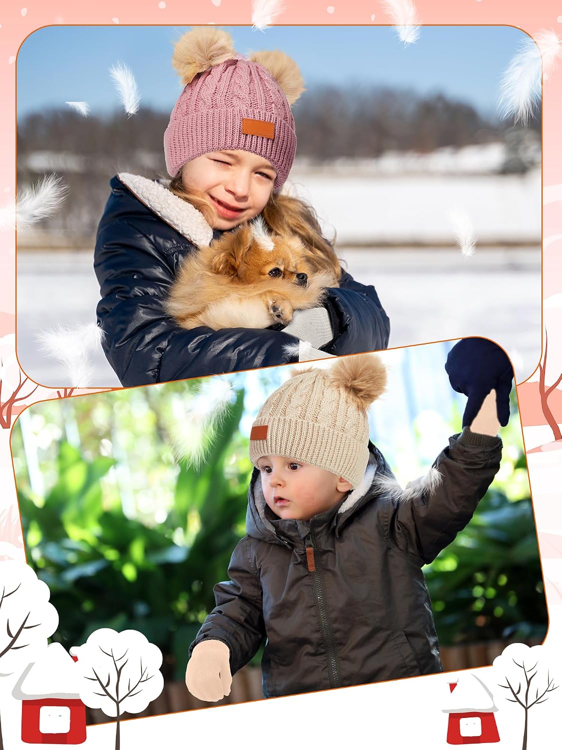 SATINIOR 3 Set Toddler Hat Glove Set, Kids Winter Hats Warm Knitted Beanie Mittens Gloves with Bow for Baby Girls Boys 0-6Y(Pink, White, Light Brown)