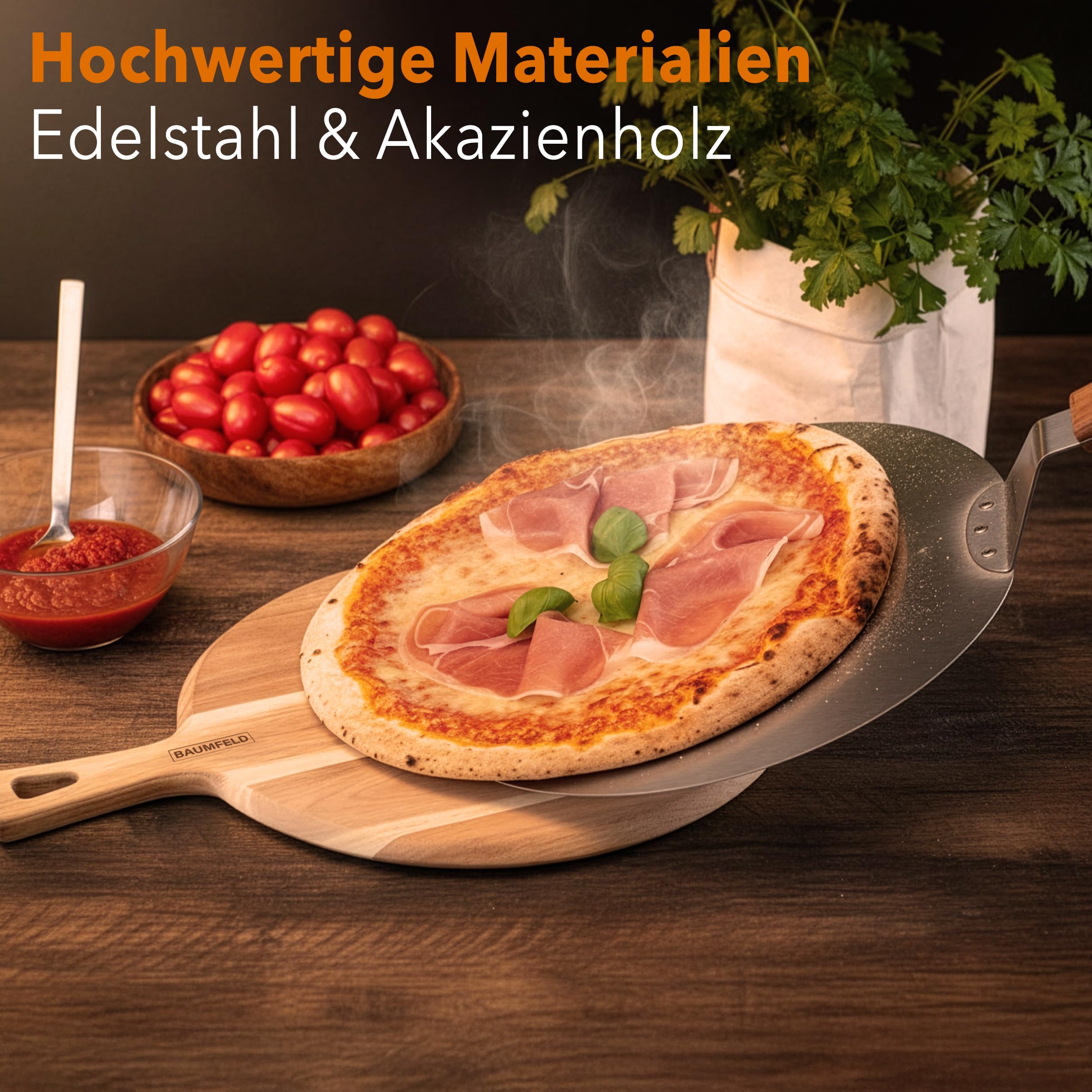 Pizzaschieber Pizzaschaufel, rund, 30 cm Durchmesser, hochwertig aus robustem Edelstahl, stabiler Griff aus natürlichem Akazienholz, Brotschieber, Pizza Zubehör