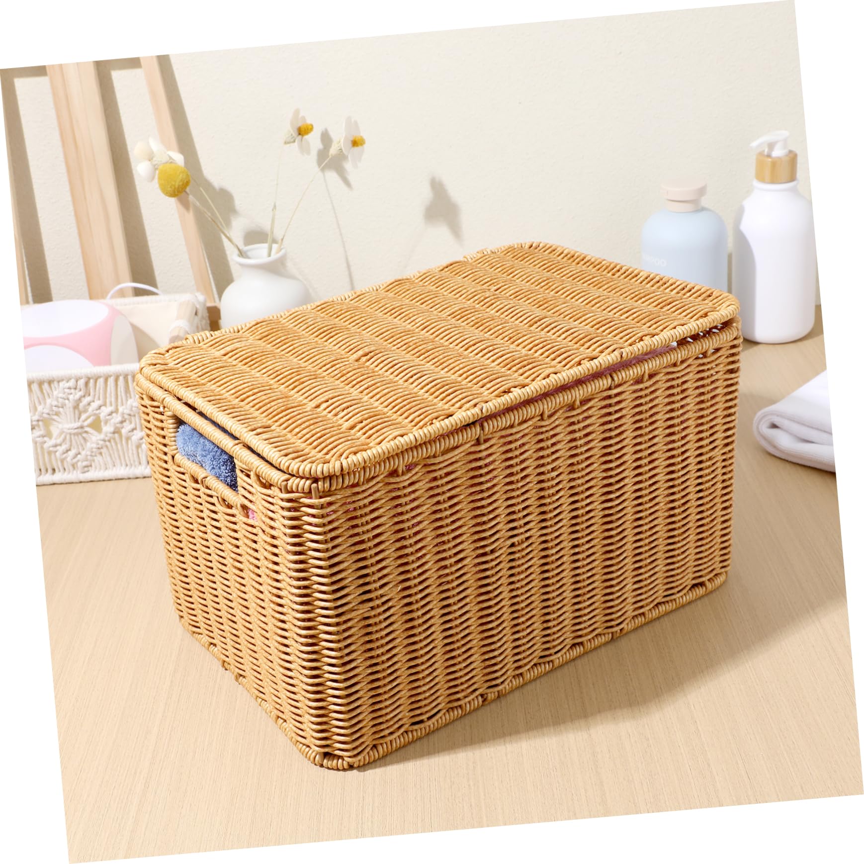 Alipis Caja De Almacenamiento Tejida Con Tapa Canasta Organizador De Ropa y Juguetes Diseño Ligero y Resistente Para Dormitorio Oficina y Cocina Mediano