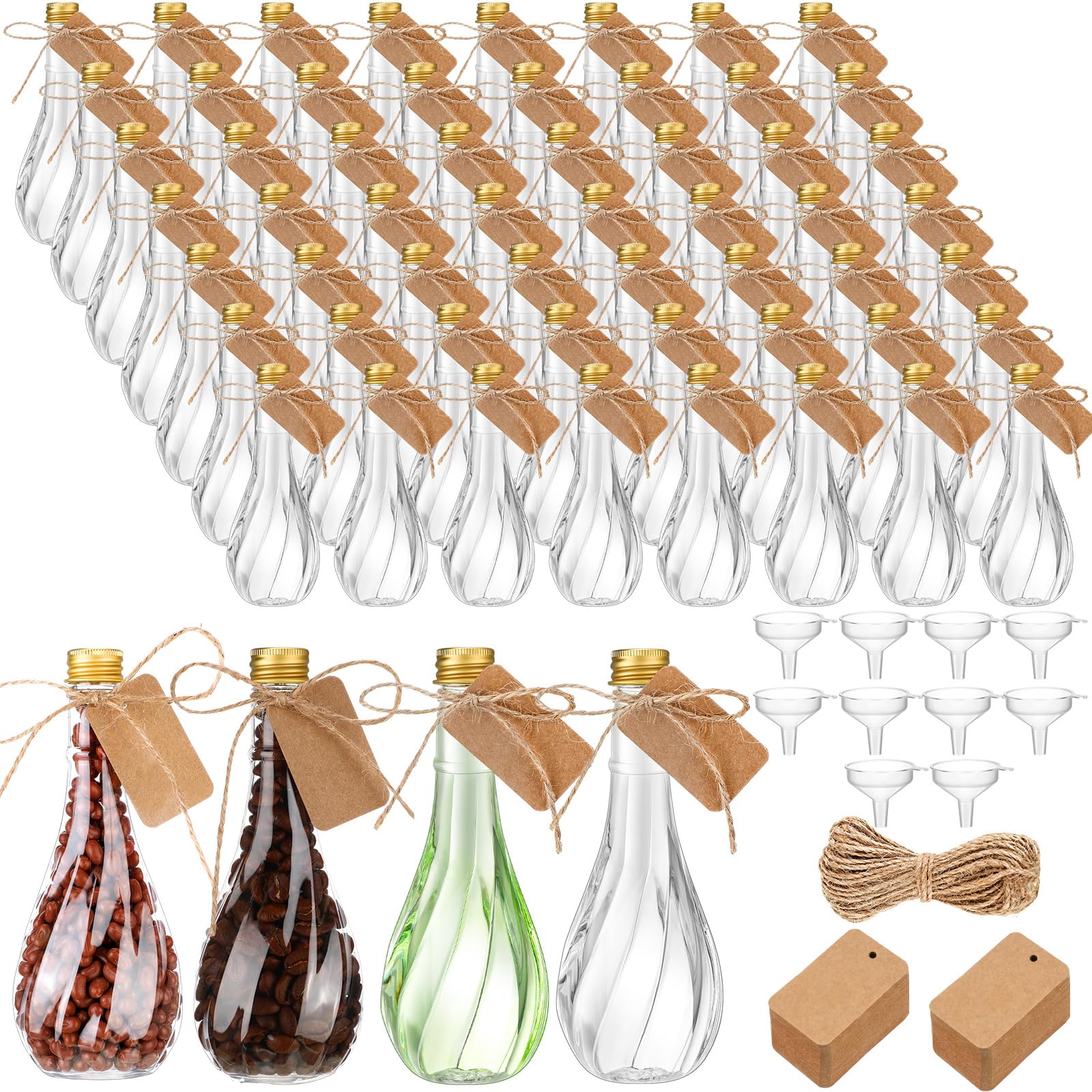 Lounsweer 60 Pack 5 oz Clear Plastic Bottles with Caps Sand Art Potion Bottles with Twine and Tags Souvenir Jars Bulk Candy Jar for Juice DIY Crafts Wedding Party Favors Decoration(Gold Aluminum Cap)