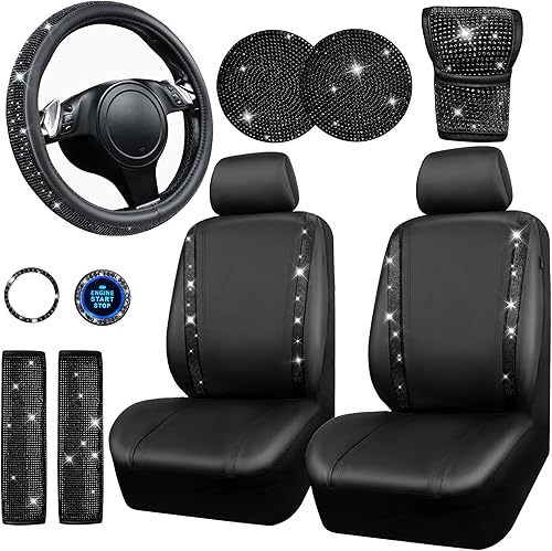 Miniatura 18 de CAR PASS Fundas de asiento de automóvil de cuero con diamantes brillantes, 11 unidades, funda de volante con diamantes de imitación brillantes
