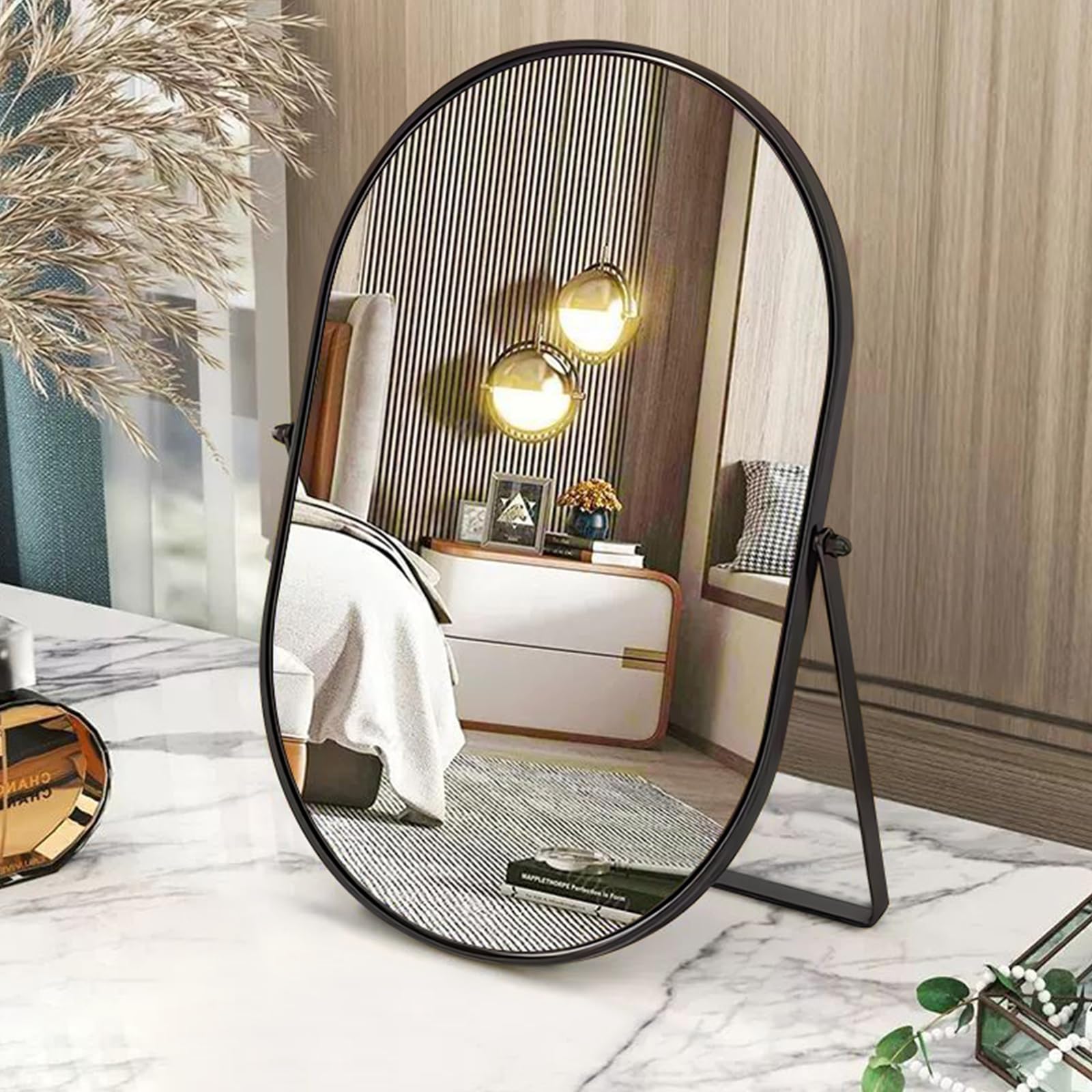 Gosider Oval Black Desk Mirror Oval Table Mirrors 90°Single-Sided Makeup Mirror With Metal Frame Black Portable Countertop Mirror High-Definition Swivel Make Up Mirrors For Vanity Living Room Bedroom Tabletop Large