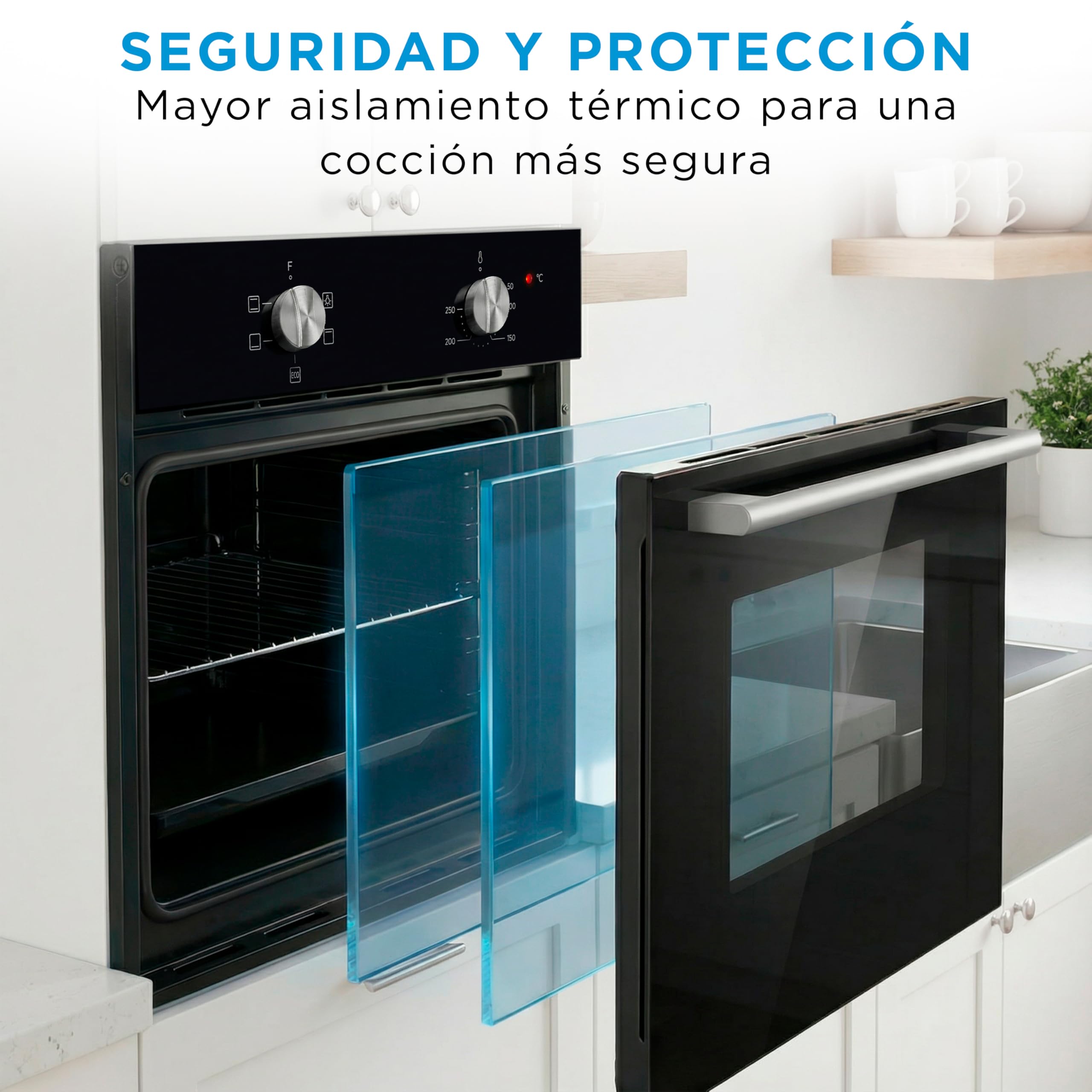 Midea Horno Electrico Empotrable Convencional de 70L y 2100W - Horno Integrable Negro con 4 funciones, Modo ECO - Hornos con Luz Led de Bajo Consumo, Puerta Doble Cristal, Bandeja Universal, y Rejilla
