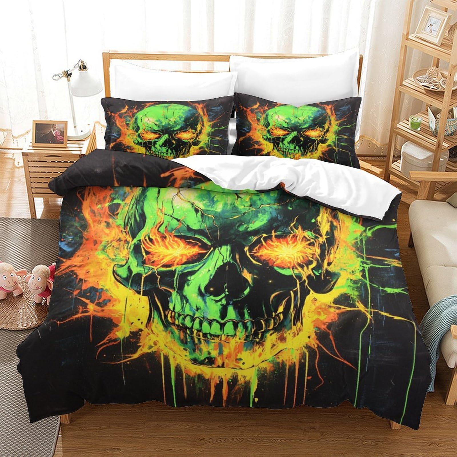 P1S9U7W5Y Neon Skull 3D Printed Duvet Cover Set 3pcs Microfiber Flaming Skull Bedding Set King（220x240cm）
