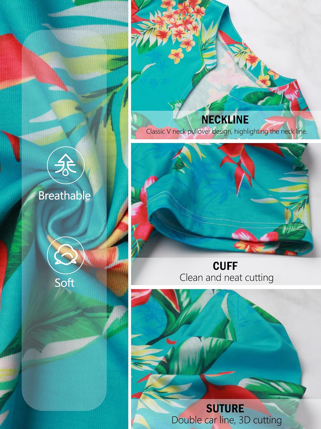 Ezcosplay Women Puff Sleeve Tops Floral Hawaiian Shirt Notched V Neck T-Shirt Casual Tropical Outfits - Image 7