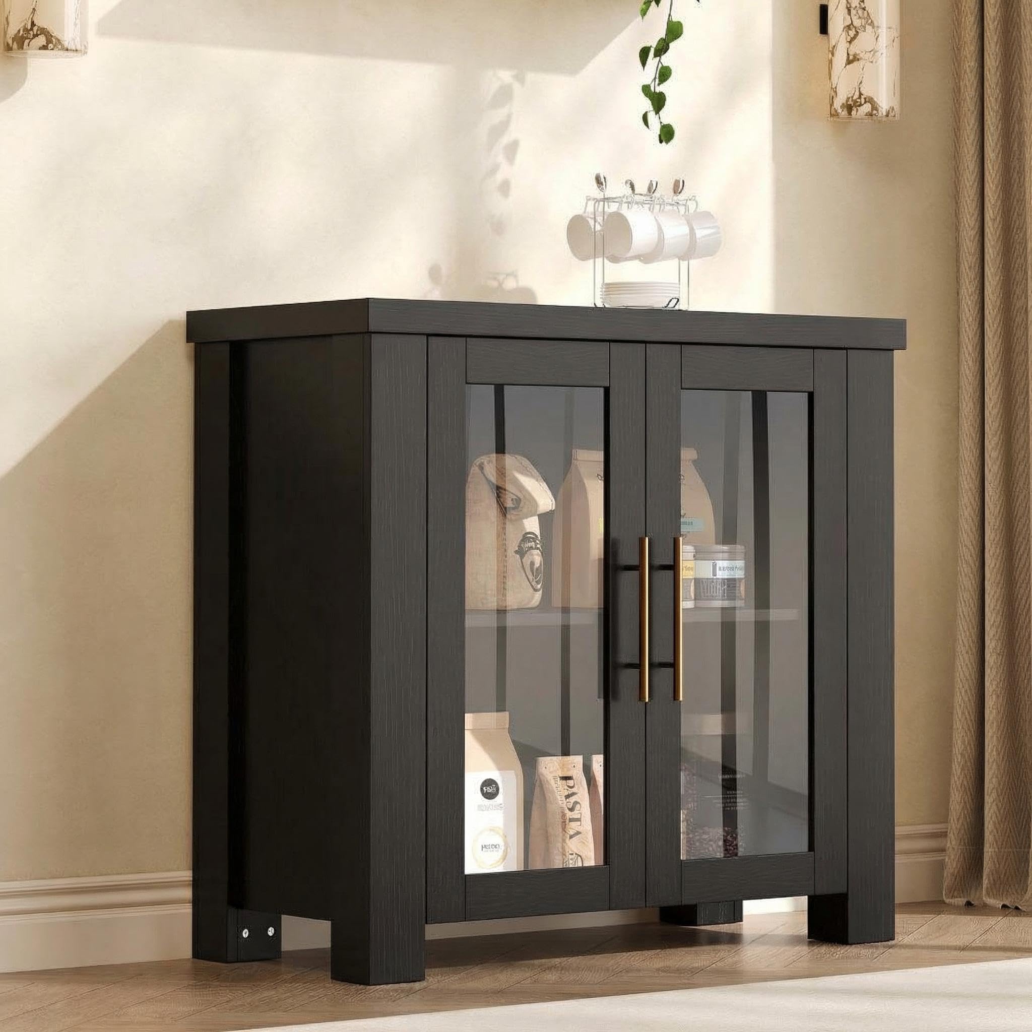 33" buffet cabinet with storage, sideboard credenza with tempered glass doors, wood buffet table for living room, dining room, kitchen, coffee bar, media console, 330 lbs capacity