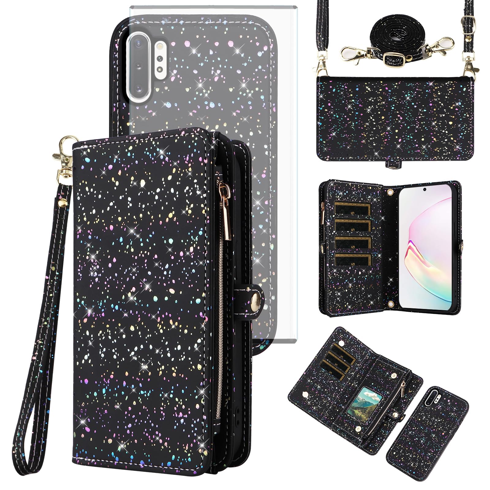 Asuwish Handyhülle für Samsung Galaxy Note 10 Plus Hülle mit Band Schutzfolie Kartenfach Klappbar Glitzer Leder Blumen Geldbörse Ständer Note10+ 5G Note10 + 10+ 10Plus Hüllen Schutzhülle Case Schwarz