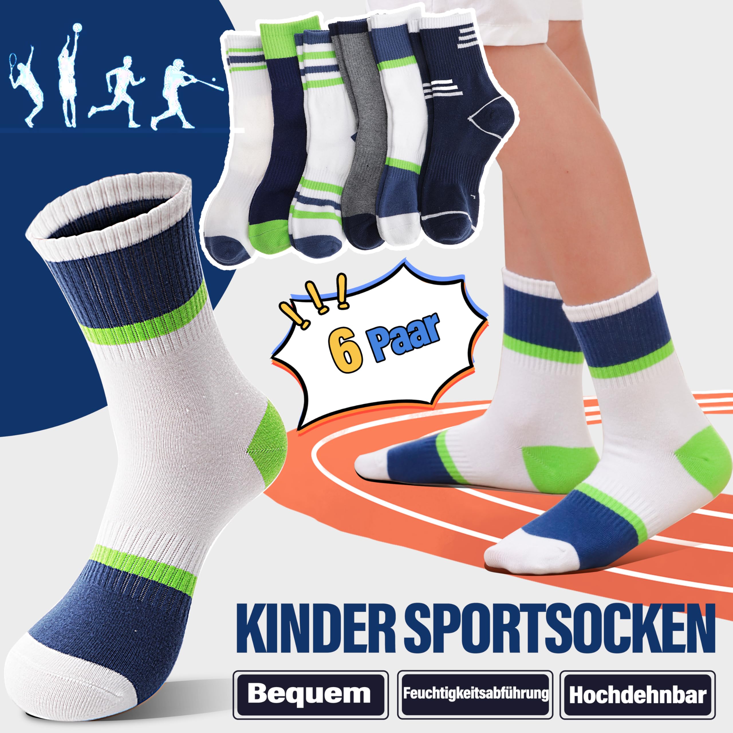 Welwoos Kinder Jungen Socken Sportsocken Atmungsaktiv Laufsocken Kompressions Baumwolle Kindersocken 6 Paare