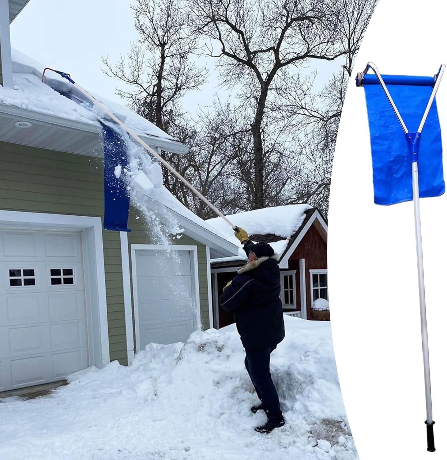 Pitched Roofs Snow Scraper with Wheels & Slide, 75" - 256" Telescopic Winter Snow Removal Tool, House Rooftop Snow Rake Aluminium Pole