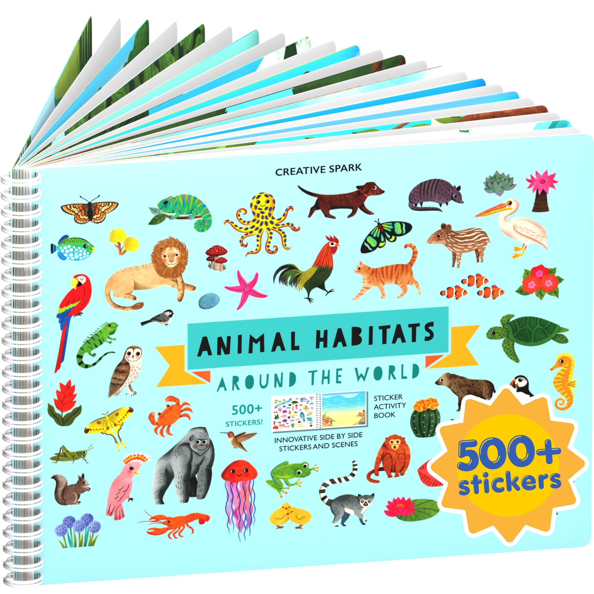 CUPKIN Animals Habitat 500+ Kids Sticker Book Toddler Airplane Travel Activity Coloring and Sticker Book, Road Trip Essentials, 12 Coloring Pages + 12 Scenes for Ages 2–8 Years