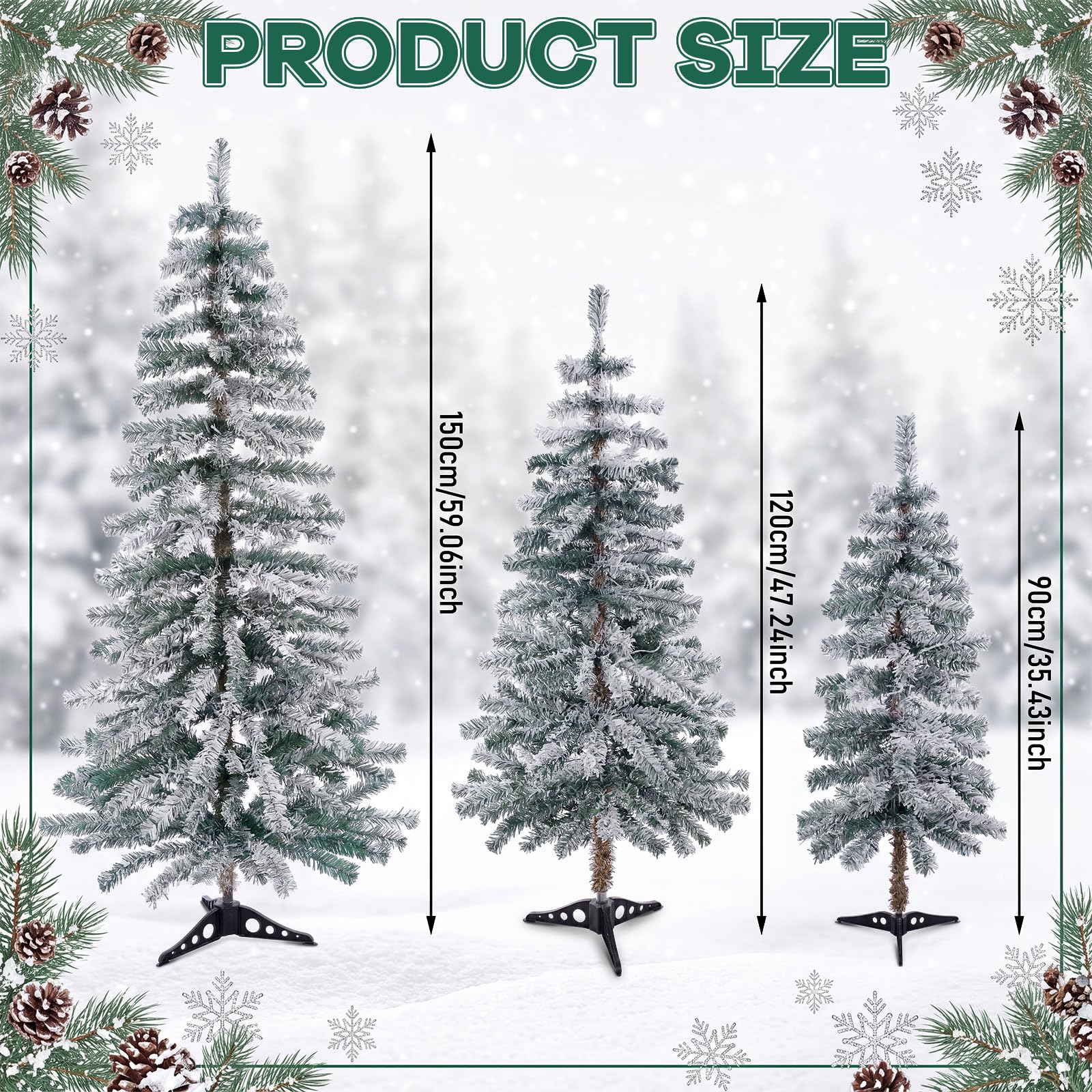 Cinnvoice Lot de 3 sapins de Noël artificiels naturels floqués avec lumières – Pin de Noël floqué avec branches pliables pour intérieur et extérieur (arbre alpin, 0,9 m, 1,2 m)