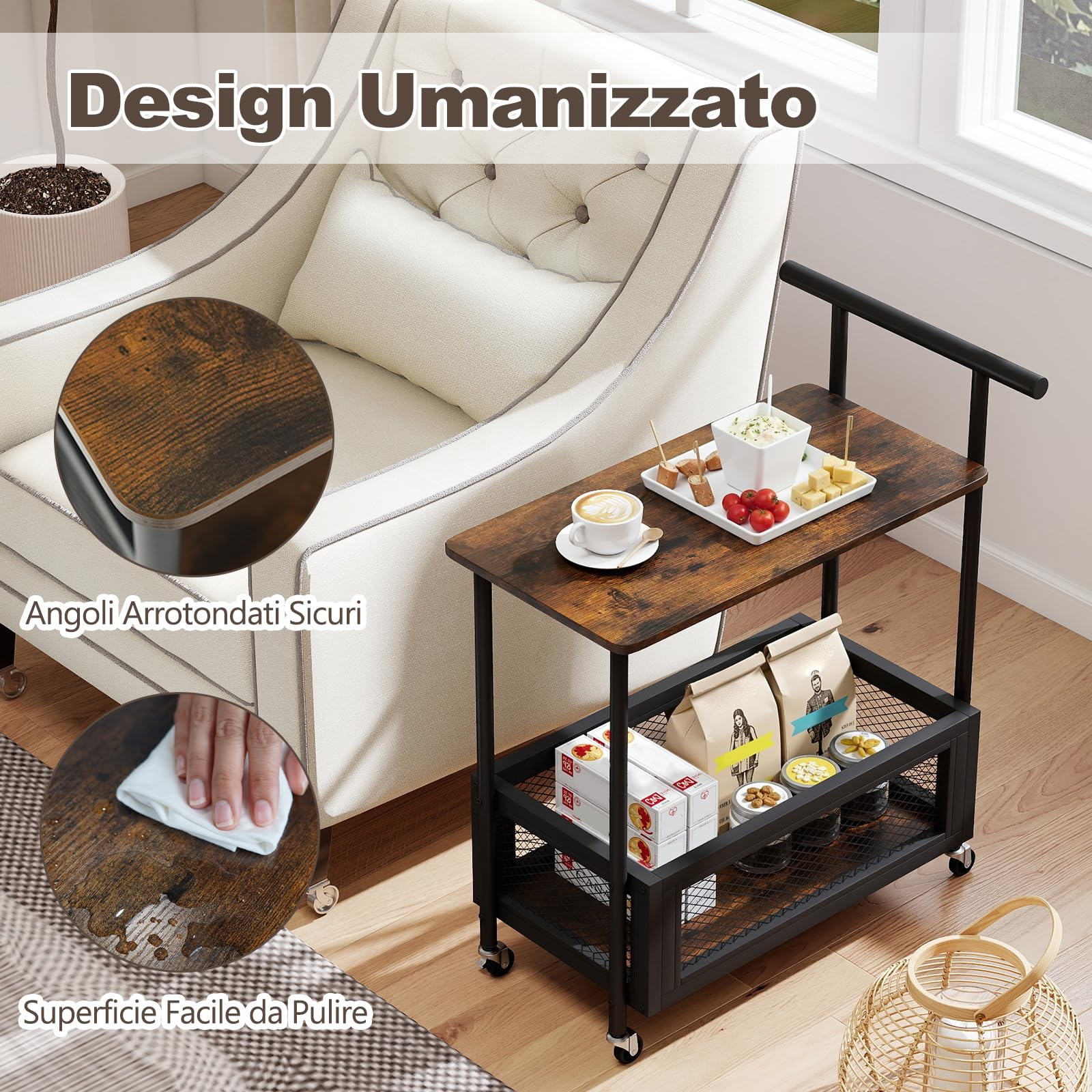 COSTWAY Tavolino da Divano e Letto con Ruote Bloccabili e Maniglia, Tavolino Laterale a 2 Ripiani con Mensola Aperta e Cestello in Rete, Carrello Porta Snack per Salotto e Camera da Letto